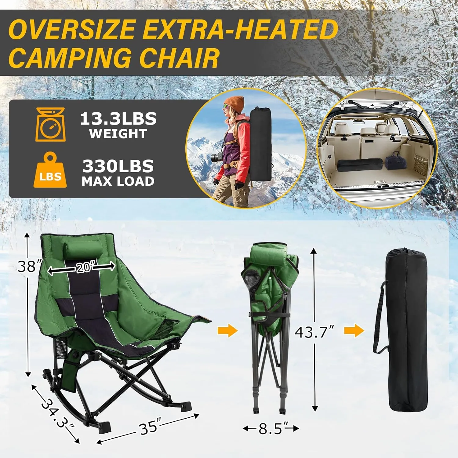 Heated Camping Chair Oversize, XL Heated Rocking Chair with 3 Levels for Back and Seat, Portable Outdoor Heated Folding Chair, Heavy Lawn Chair for Camping