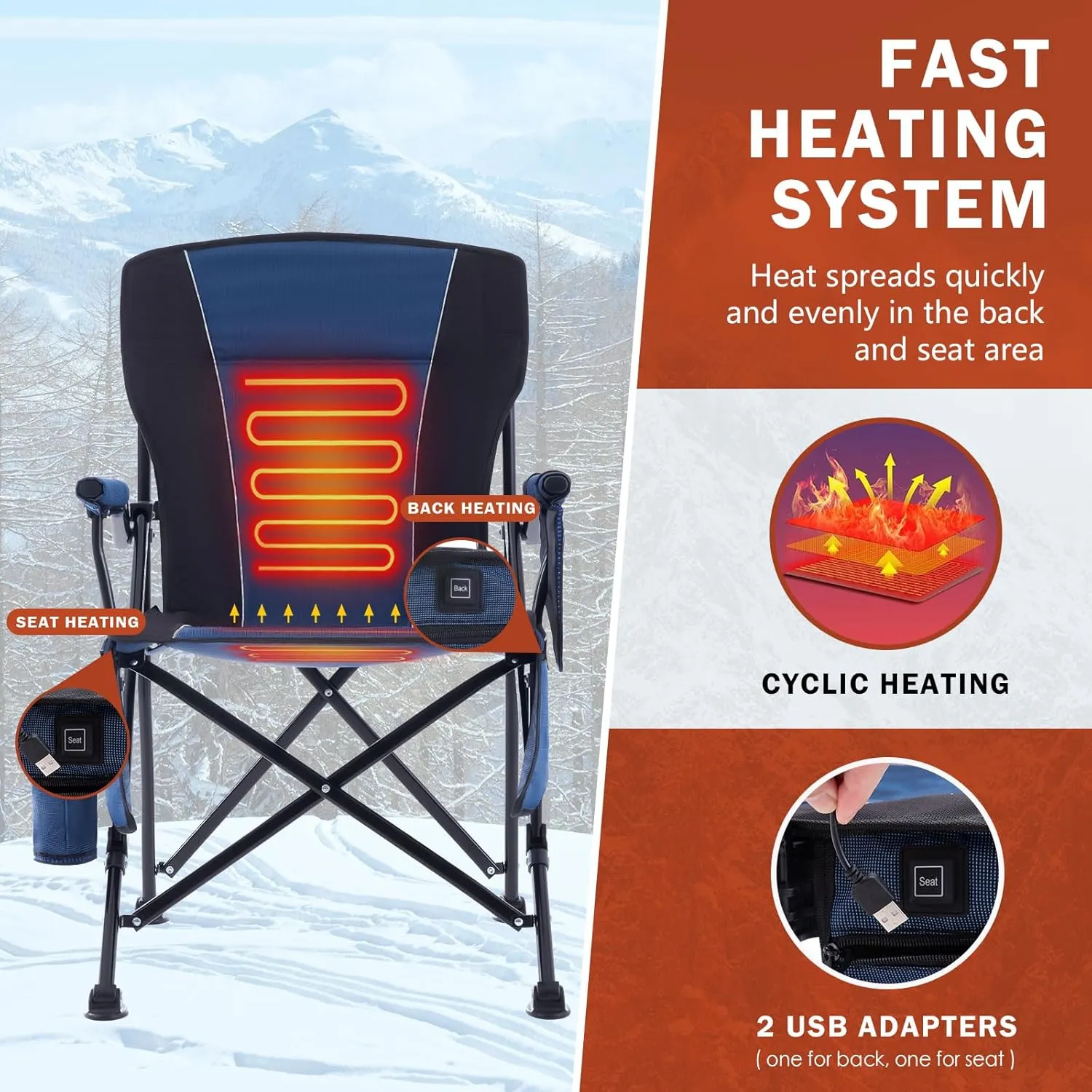 Heated Camping Chair Portable for Outdoor Sports Heavy Duty Heated Folding Lawn Chair Support 400lbs, Collapsible Heated Seat with Cup Holder&Carry Bag for Outside, Navy(2 Battery Pack Required)