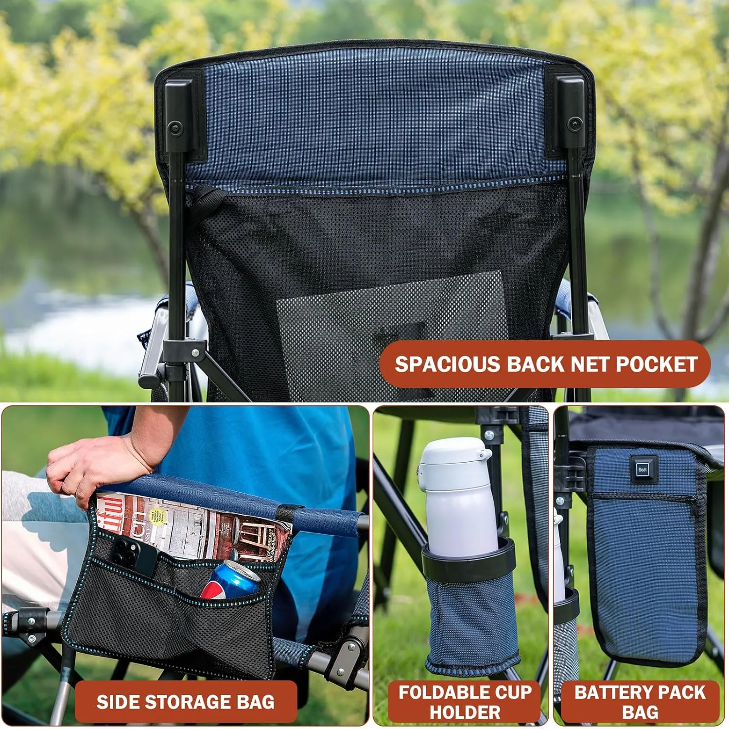 Heated Camping Chair Portable for Outdoor Sports Heavy Duty Heated Folding Lawn Chair Support 400lbs, Collapsible Heated Seat with Cup Holder&Carry Bag for Outside, Navy(2 Battery Pack Required)