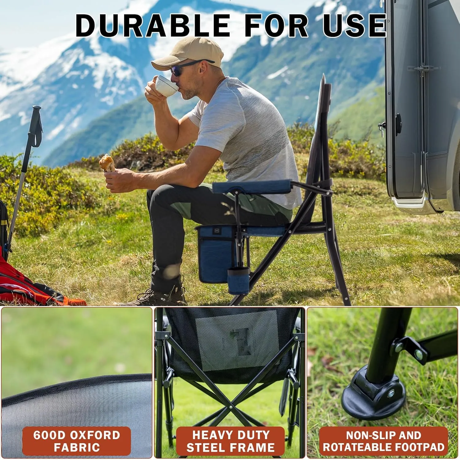 Heated Camping Chair Portable for Outdoor Sports Heavy Duty Heated Folding Lawn Chair Support 400lbs, Collapsible Heated Seat with Cup Holder&Carry Bag for Outside, Navy(2 Battery Pack Required)