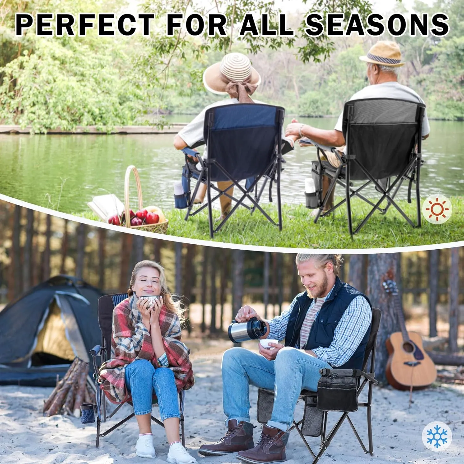 Heated Camping Chair Portable for Outdoor Sports Heavy Duty Heated Folding Lawn Chair Support 400lbs, Collapsible Heated Seat with Cup Holder&Carry Bag for Outside, Navy(2 Battery Pack Required)