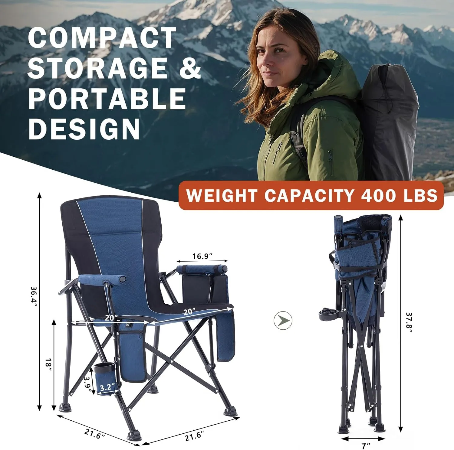 Heated Camping Chair Portable for Outdoor Sports Heavy Duty Heated Folding Lawn Chair Support 400lbs, Collapsible Heated Seat with Cup Holder&Carry Bag for Outside, Navy(2 Battery Pack Required)