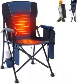 Heated Camping Chair Portable for Outdoor Sports Heavy Duty Heated Folding Lawn Chair Support 400lbs, Collapsible Heated Seat with Cup Holder&Carry Bag for Outside, Navy(2 Battery Pack Required)