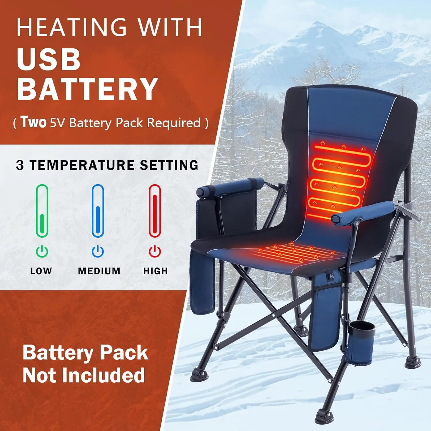 Heated Camping Chair Portable for Outdoor Sports Heavy Duty Heated Folding Lawn Chair Support 400lbs, Collapsible Heated Seat with Cup Holder&Carry Bag for Outside, Navy(2 Battery Pack Required)