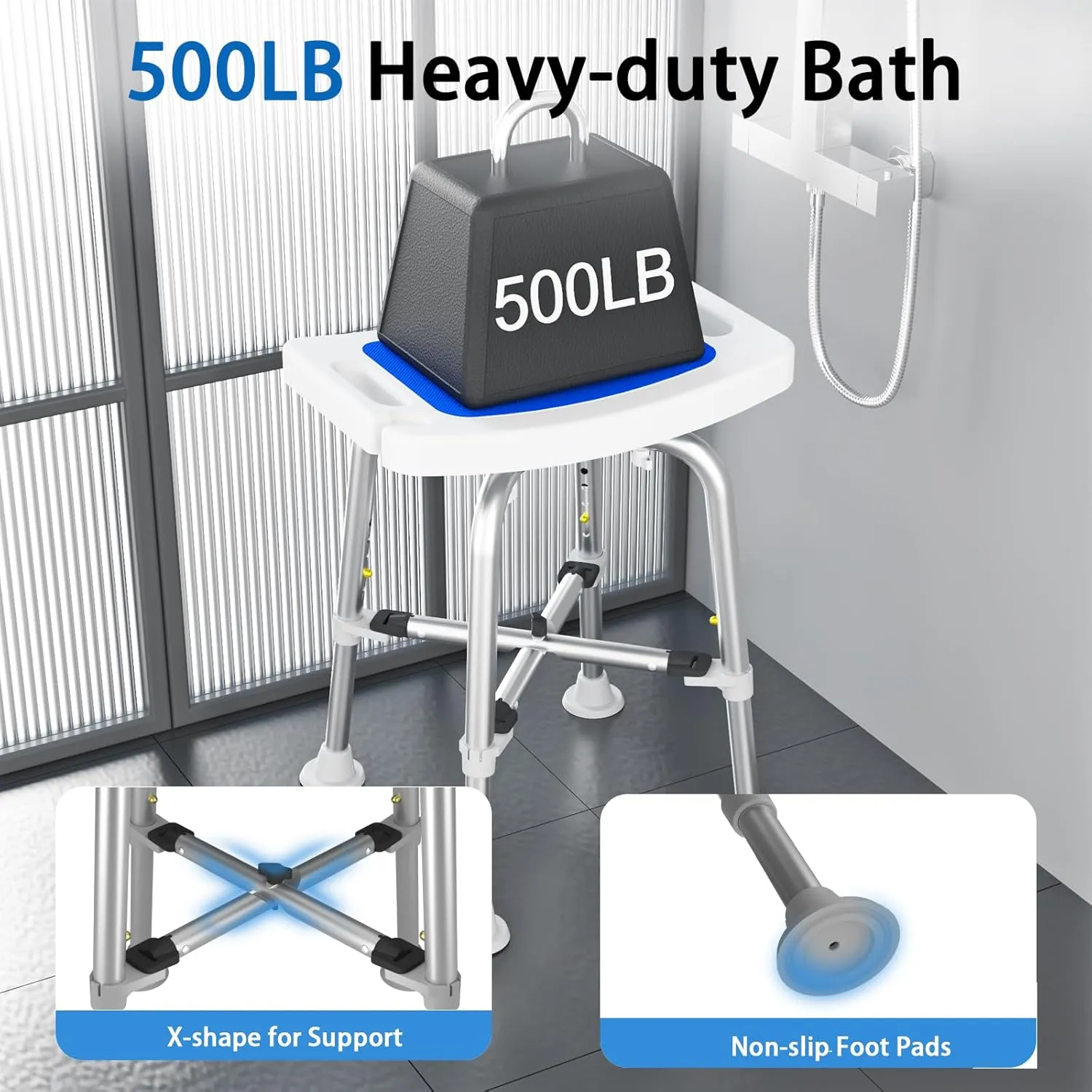 Heavy Duty 500 Lbs Shower Chair with Arms for Seniors Elderly Handicap Disabled Bariatric Adults Or Women Adjustable Small Stool Bench Seat for Inside Shower Stall and Bathroom Bath Tub Seats Chairs