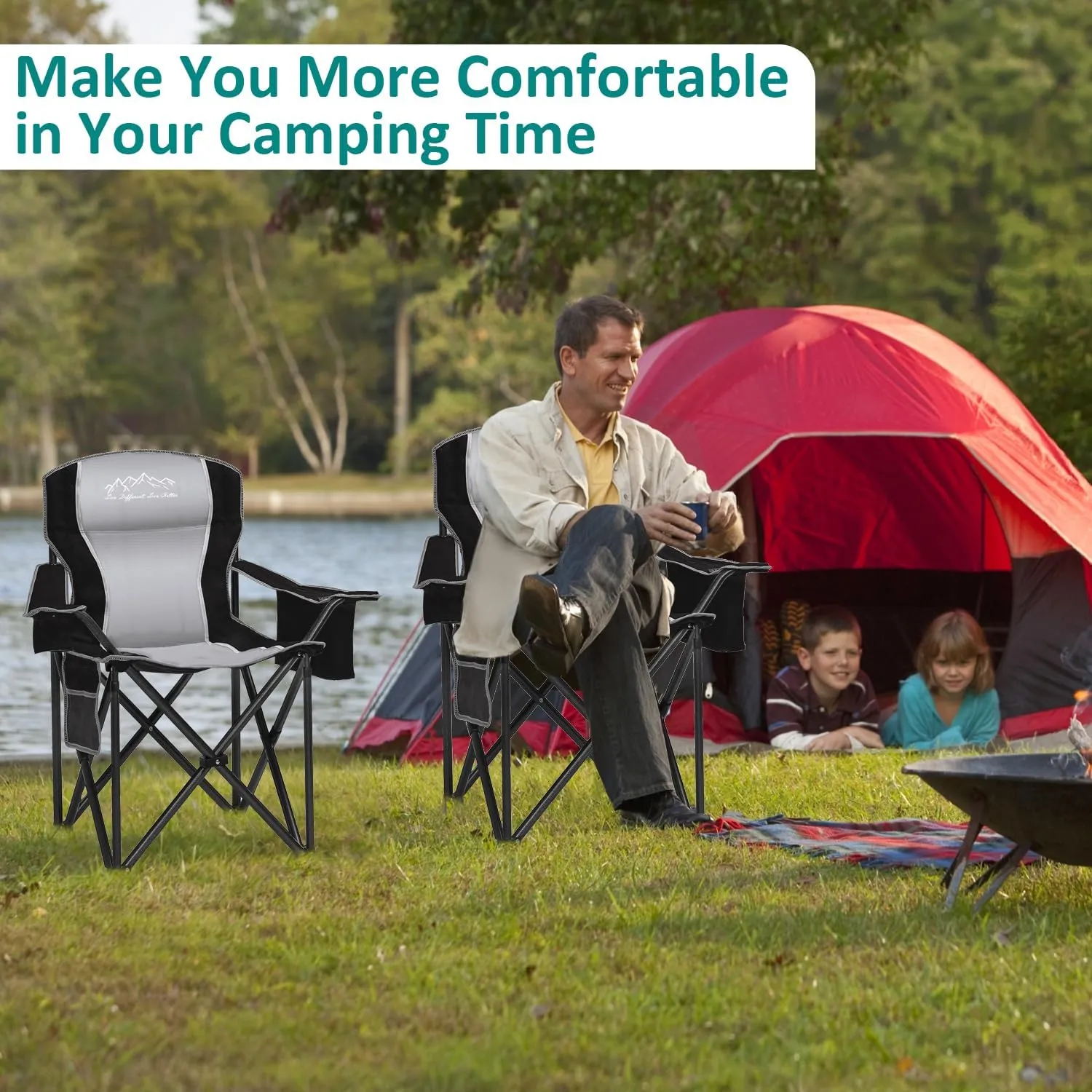 Heavy Duty Folding Camping Chair with Cooler Bag, Cup Holder, Storage Pocket, 450lbs Capacity with Large Anti-Sink Feet, Portable Padded Chair for Camping, Beach, Fishing, Sports, Black