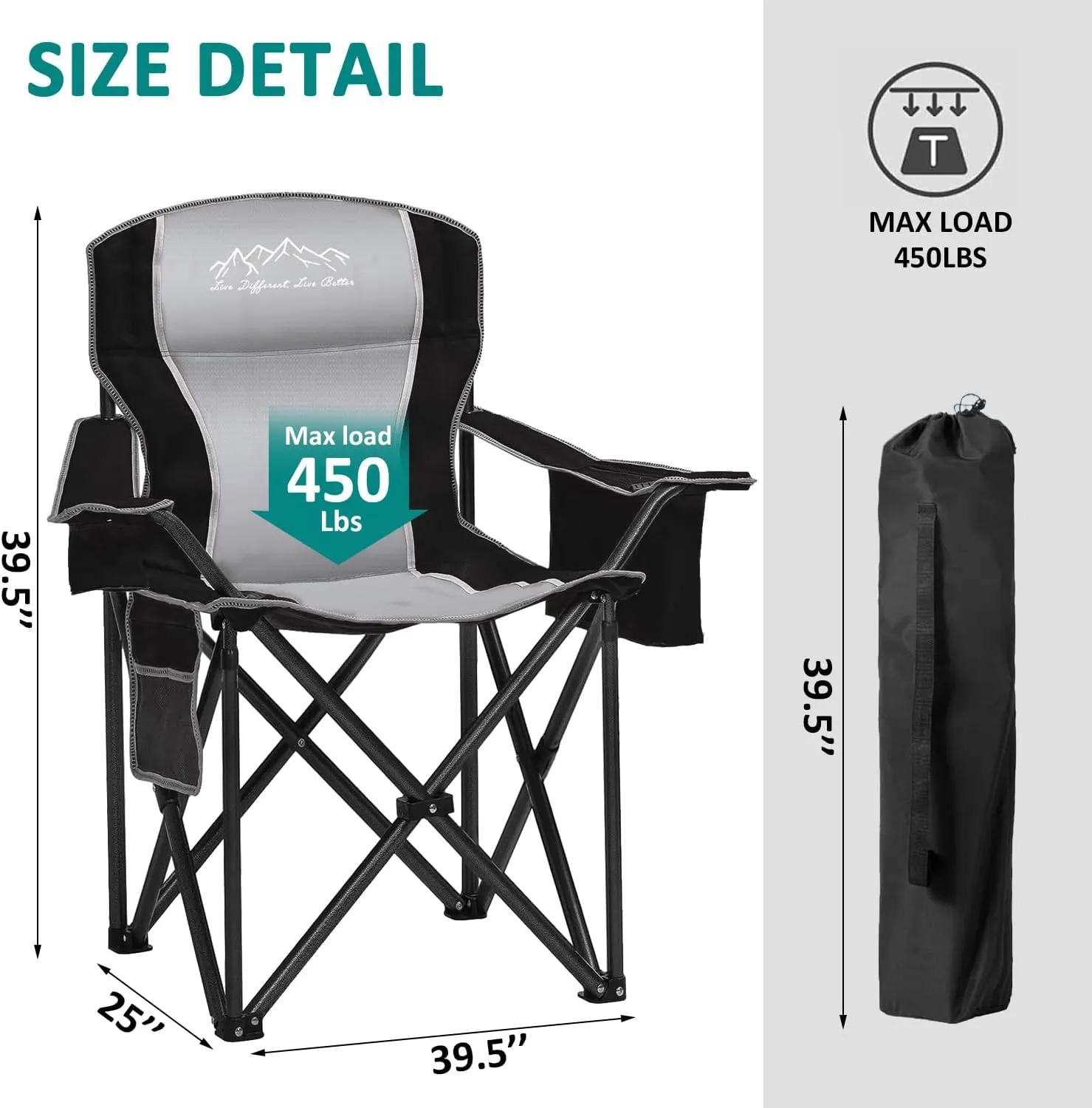 Heavy Duty Folding Camping Chair with Cooler Bag, Cup Holder, Storage Pocket, 450lbs Capacity with Large Anti-Sink Feet, Portable Padded Chair for Camping, Beach, Fishing, Sports, Black
