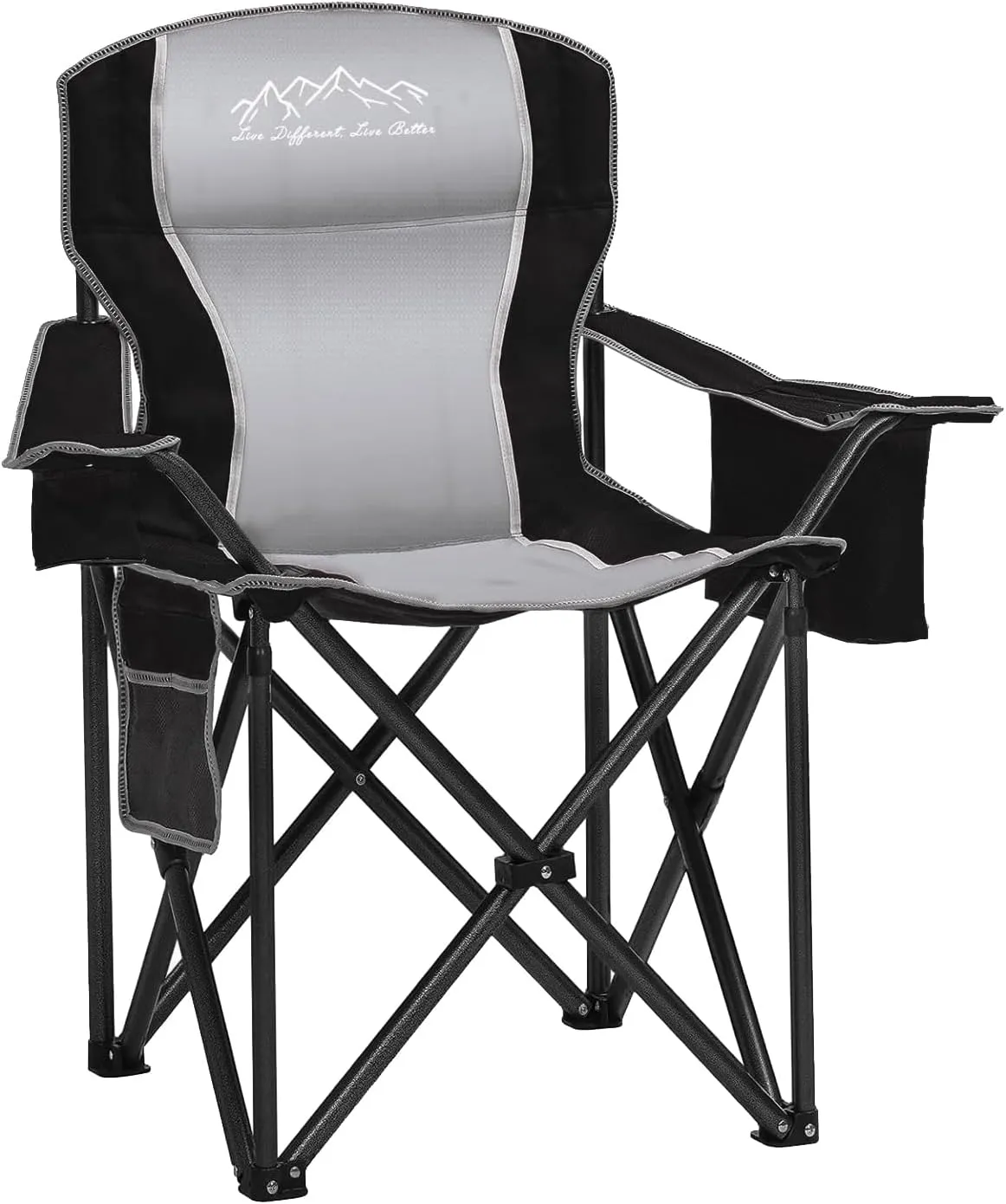 Heavy Duty Folding Camping Chair with Cooler Bag, Cup Holder, Storage Pocket, 450lbs Capacity with Large Anti-Sink Feet, Portable Padded Chair for Camping, Beach, Fishing, Sports, Black