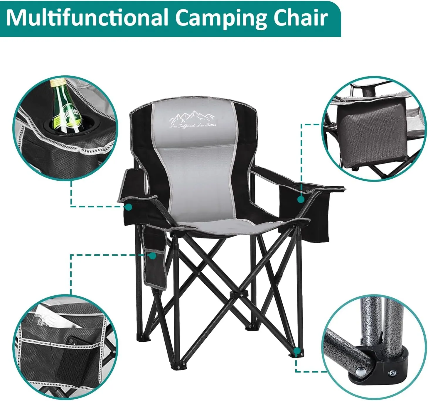 Heavy Duty Folding Camping Chair with Cooler Bag, Cup Holder, Storage Pocket, 450lbs Capacity with Large Anti-Sink Feet, Portable Padded Chair for Camping, Beach, Fishing, Sports, Black