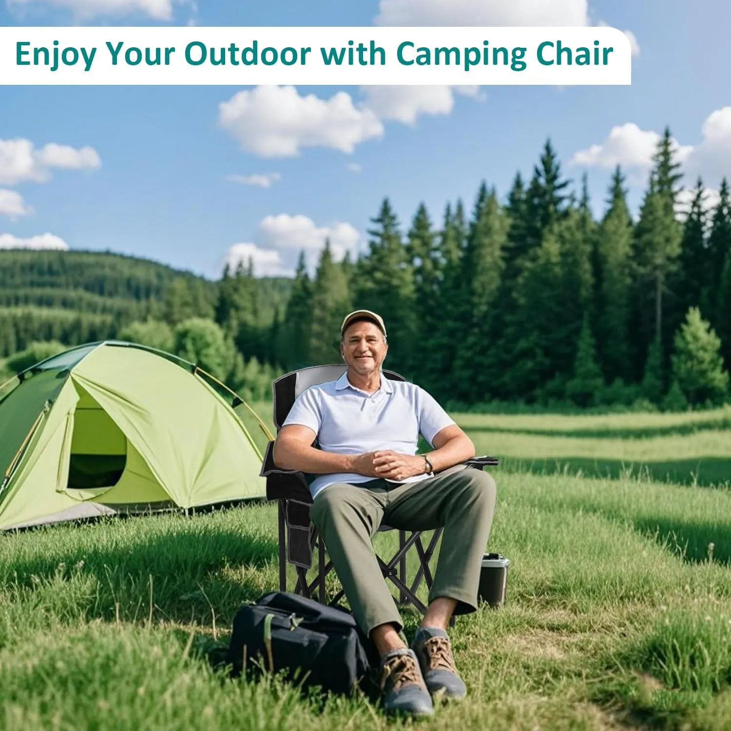 Heavy Duty Folding Camping Chair with Cooler Bag, Cup Holder, Storage Pocket, 450lbs Capacity with Large Anti-Sink Feet, Portable Padded Chair for Camping, Beach, Fishing, Sports, Black