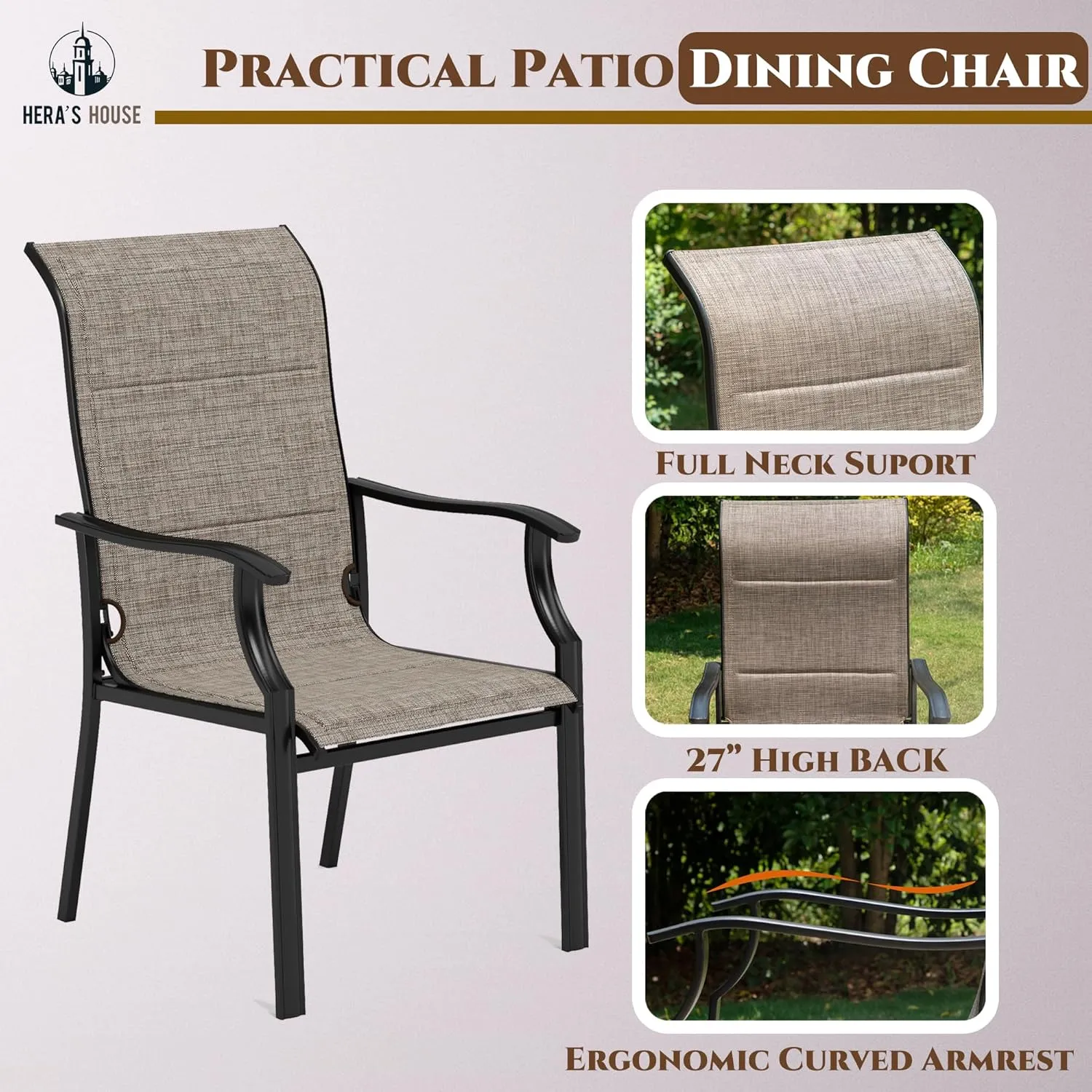 HERA'S HOUSE Premium Patio Dining Chair of 2, Rust Resistant Outdoor Chair with Textilene Padded Seat, Supports up to 350lbs with Comfort and Durability for Lawn Kitchen Garden Backyard