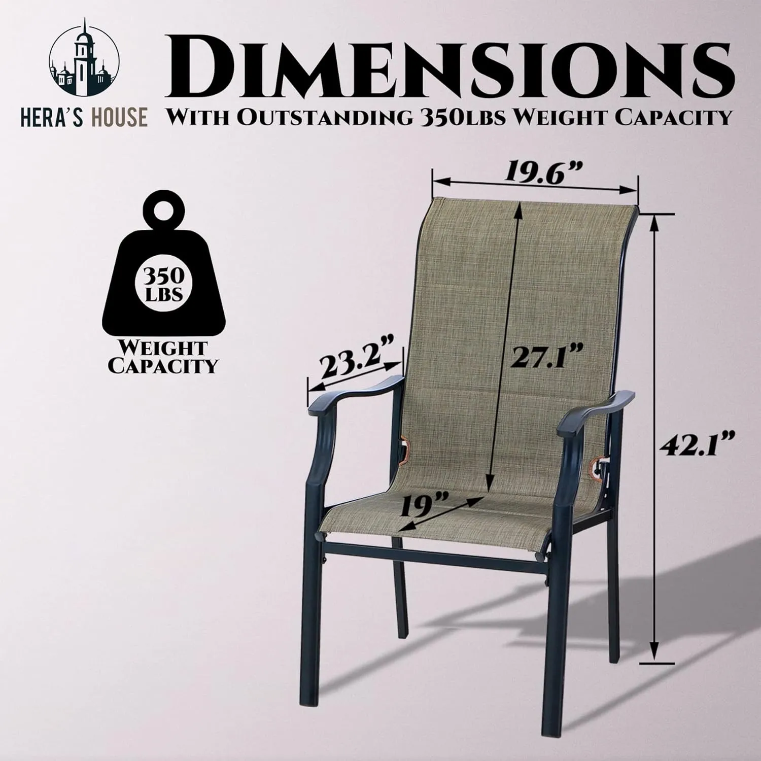 HERA'S HOUSE Premium Patio Dining Chair of 2, Rust Resistant Outdoor Chair with Textilene Padded Seat, Supports up to 350lbs with Comfort and Durability for Lawn Kitchen Garden Backyard