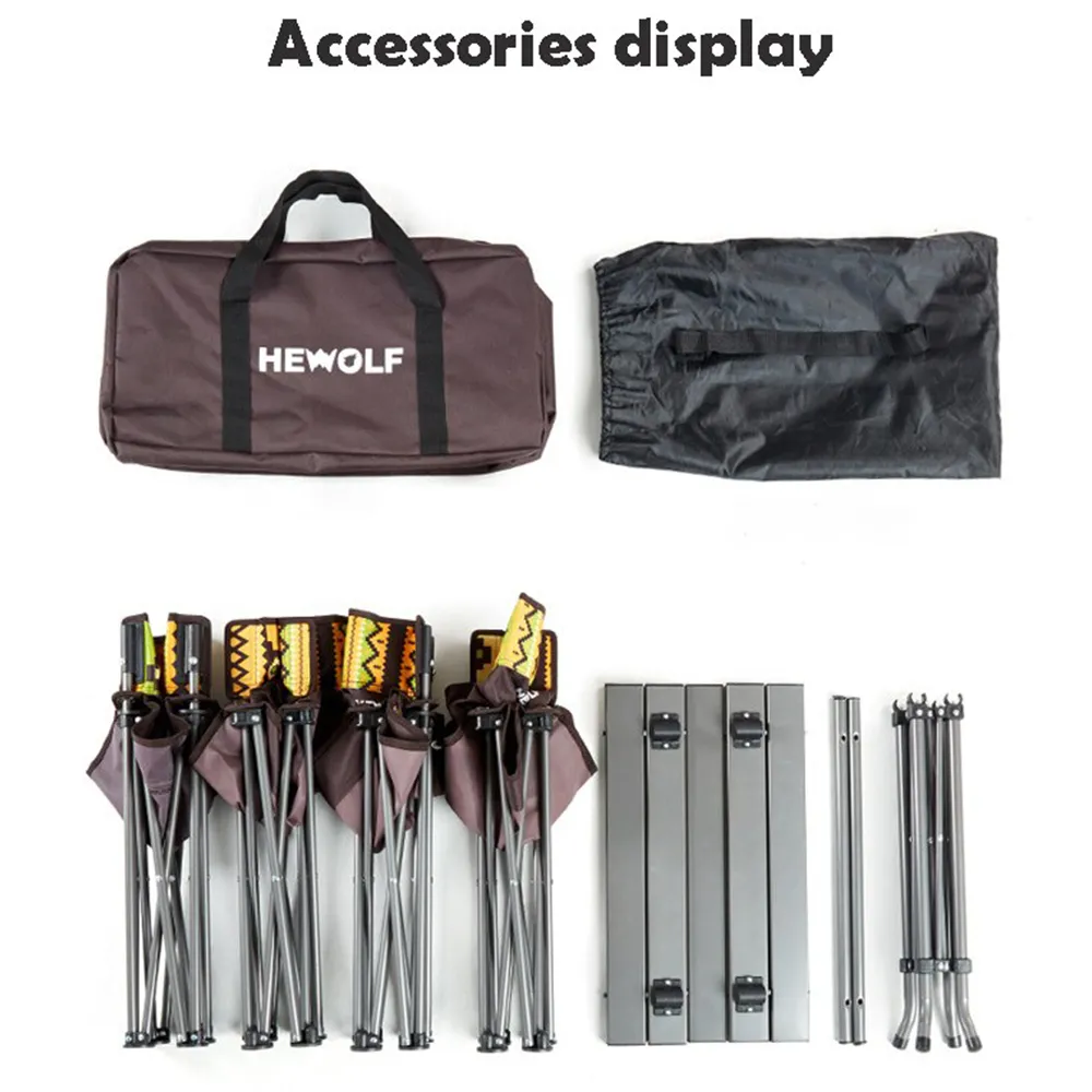 Hewolf 5pcs Set Camping Foldable Table and Chairs - Black