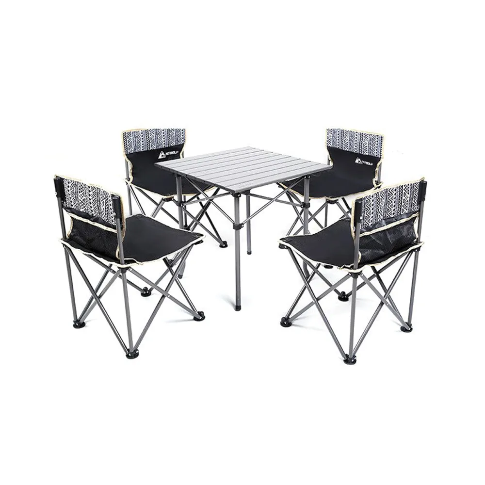 Hewolf 5pcs Set Camping Foldable Table and Chairs - Black