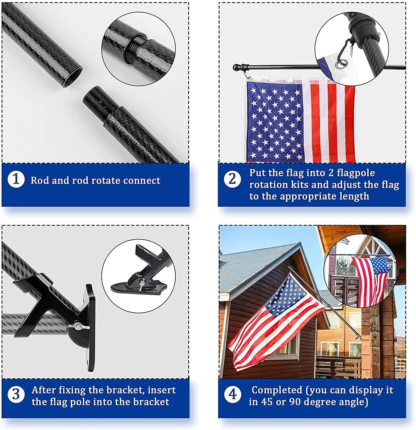 HIBLE Black Flag Pole for House 6 Foot Carbon Fiber Flag Pole with Rust-Free Smooth Bearings Rotating Rings, Strong Metal Screw Flagpole (no Flag no Bracket)