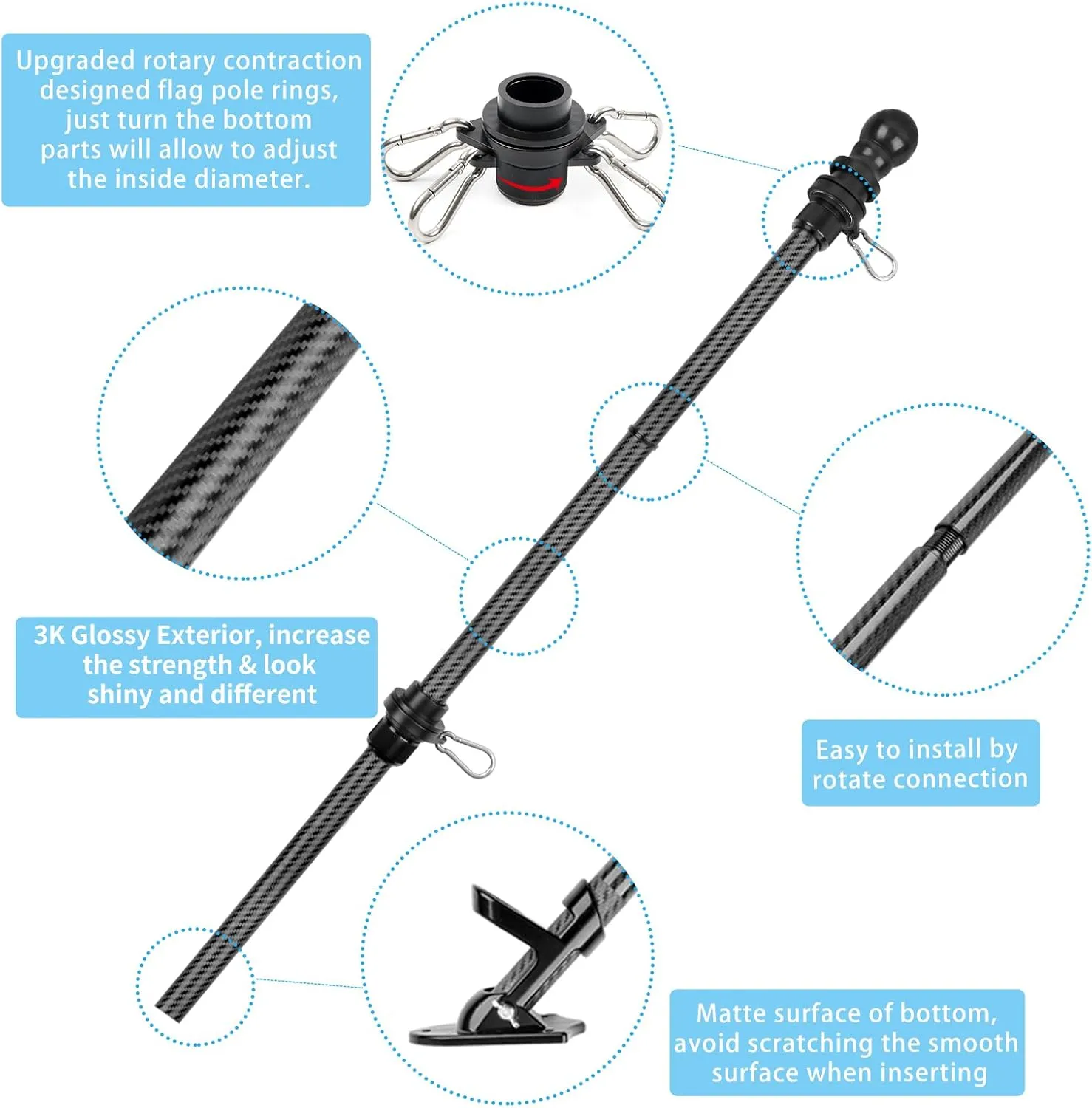 HIBLE Black Flag Pole for House 6 Foot Carbon Fiber Flag Pole with Rust-Free Smooth Bearings Rotating Rings, Strong Metal Screw Flagpole (no Flag no Bracket)