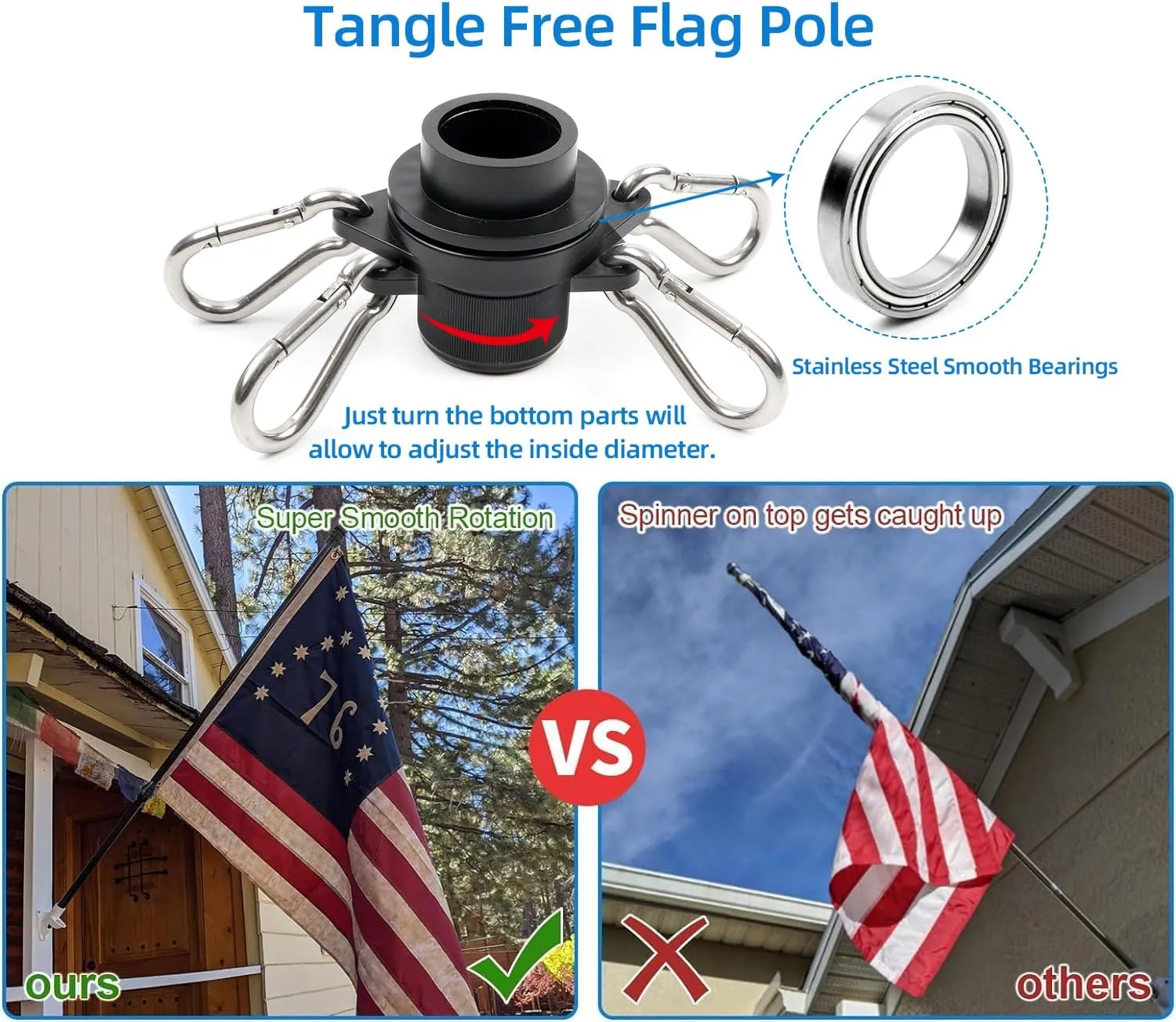 HIBLE Black Flag Pole for House 6 Foot Carbon Fiber Flag Pole with Rust-Free Smooth Bearings Rotating Rings, Strong Metal Screw Flagpole (no Flag no Bracket)