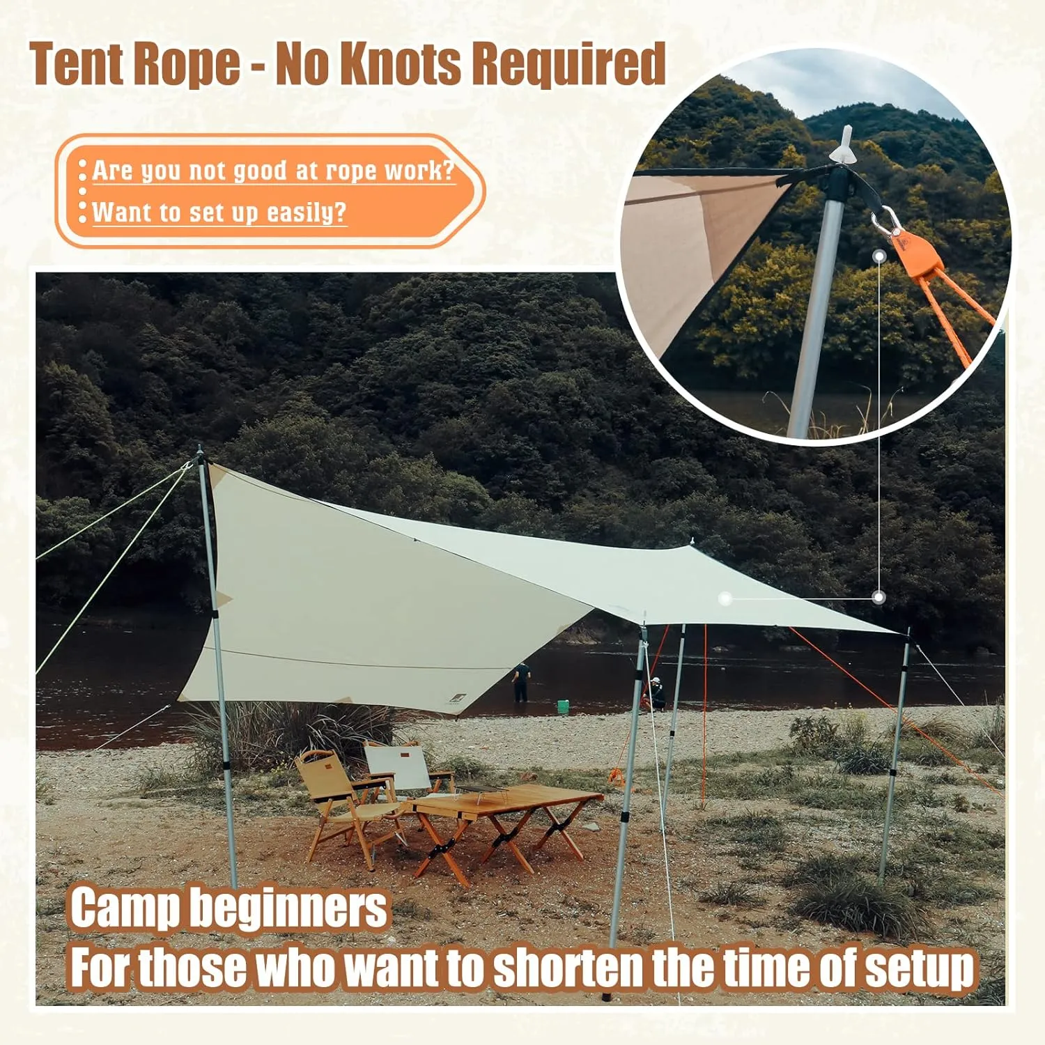 HIKEMAN Camping Rope with Ratchet Pulley,Quick Setup Outdoor Guy Lines Adjustable Tent Tie Downs Rope Hanger for Canopy,Kayak and Canoe,Grow Light
