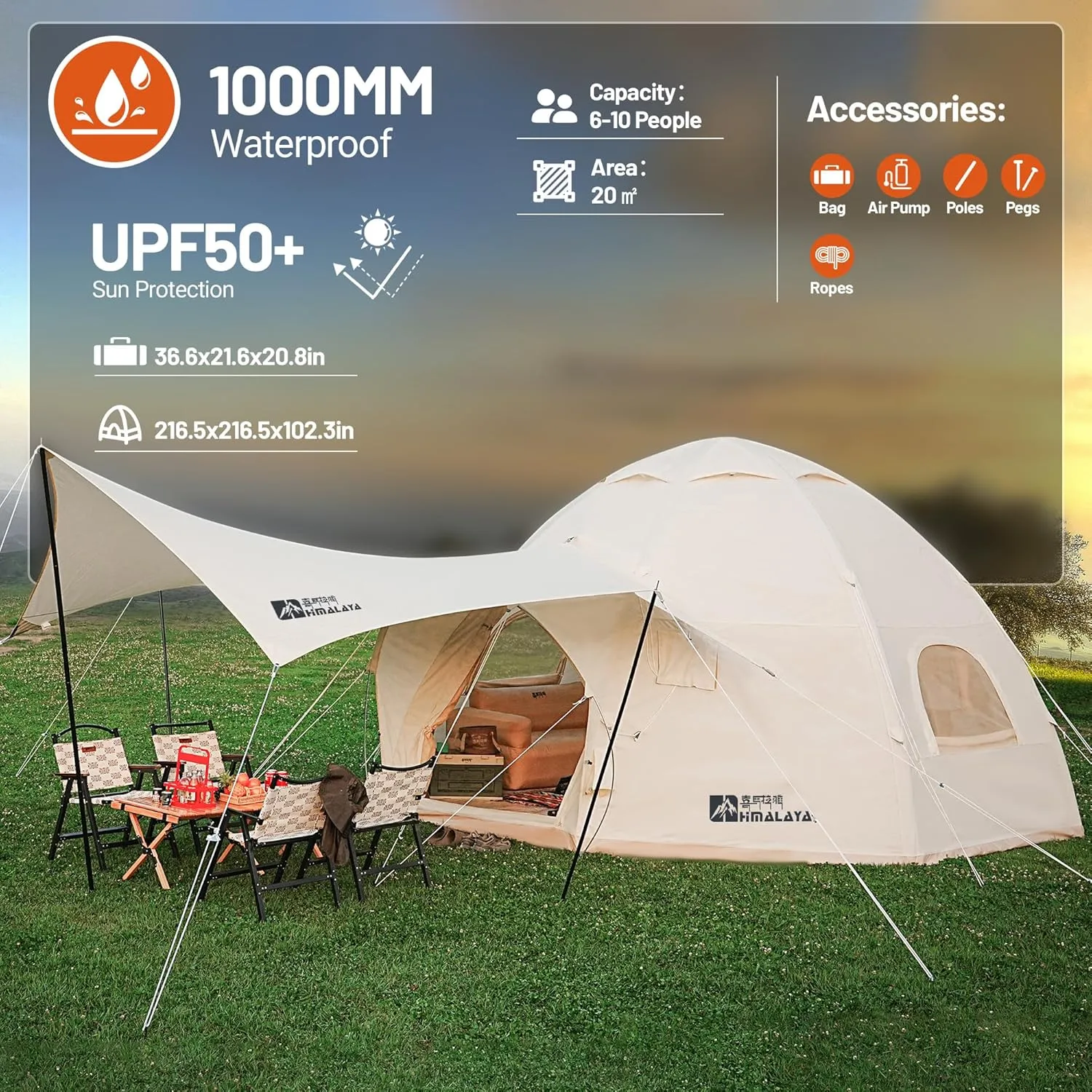 Himalaya Inflatable Dome Tent - 6-10 Person Family Tent with Stove Jack, Easy Setup for 4 Season Outdoor Camping & Glamping