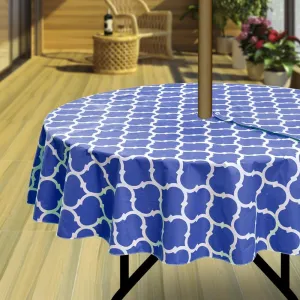 Hipinger Vinyl Round Tablecloth with Zipper and Umbrella Hole, Outdoor Oil Waterproof Stain Resisteant PVC Table Cover for Party, Picnic and Patio 60 Inch Round, Blue Moroccan