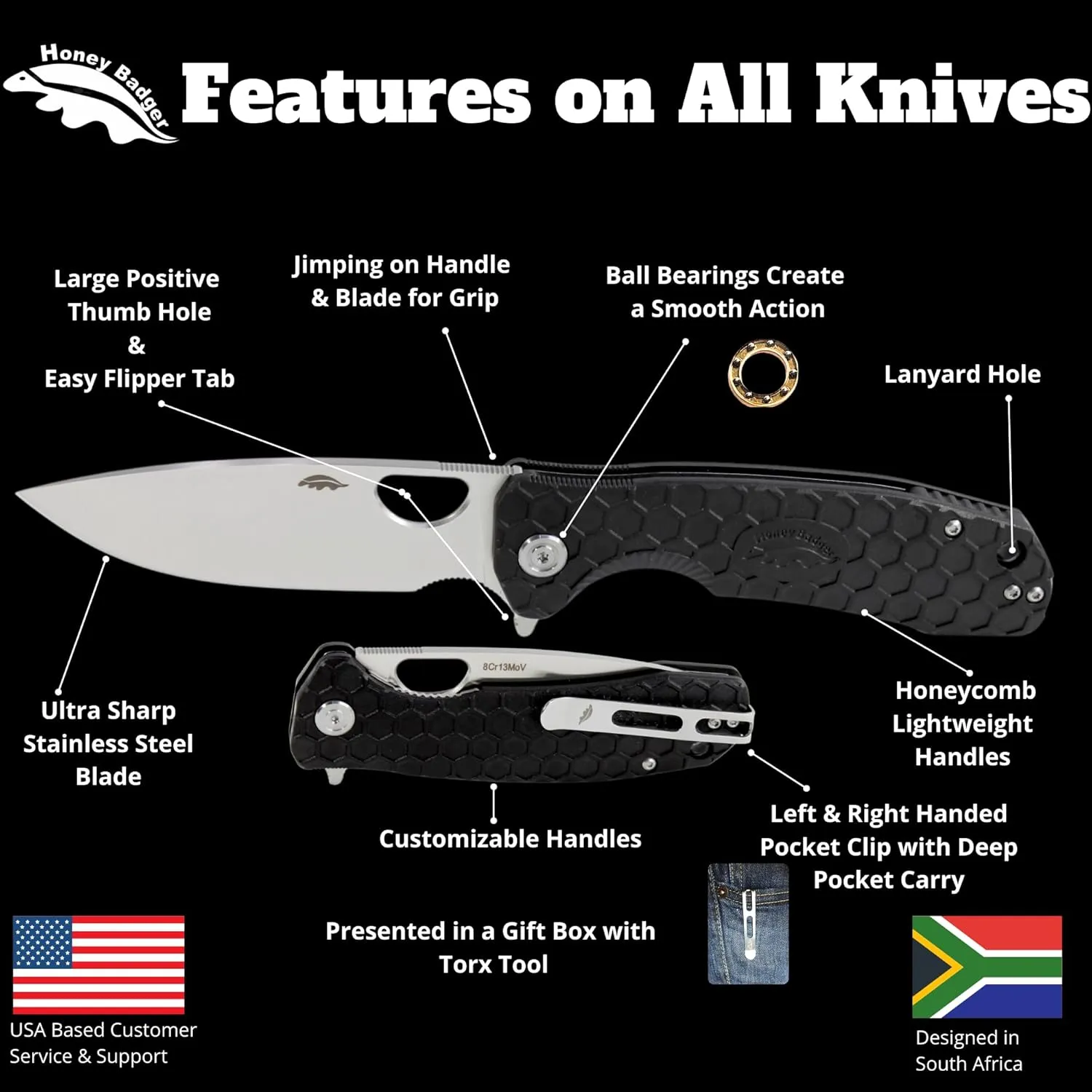 Honey Badger Large Pocket Knife EDC Drop Point Folding Utility Knife 3.6" Steel Blade Reversible Pocket Clip - (3.8oz) Drop Point Large Black D2 DLC Blade HB1350