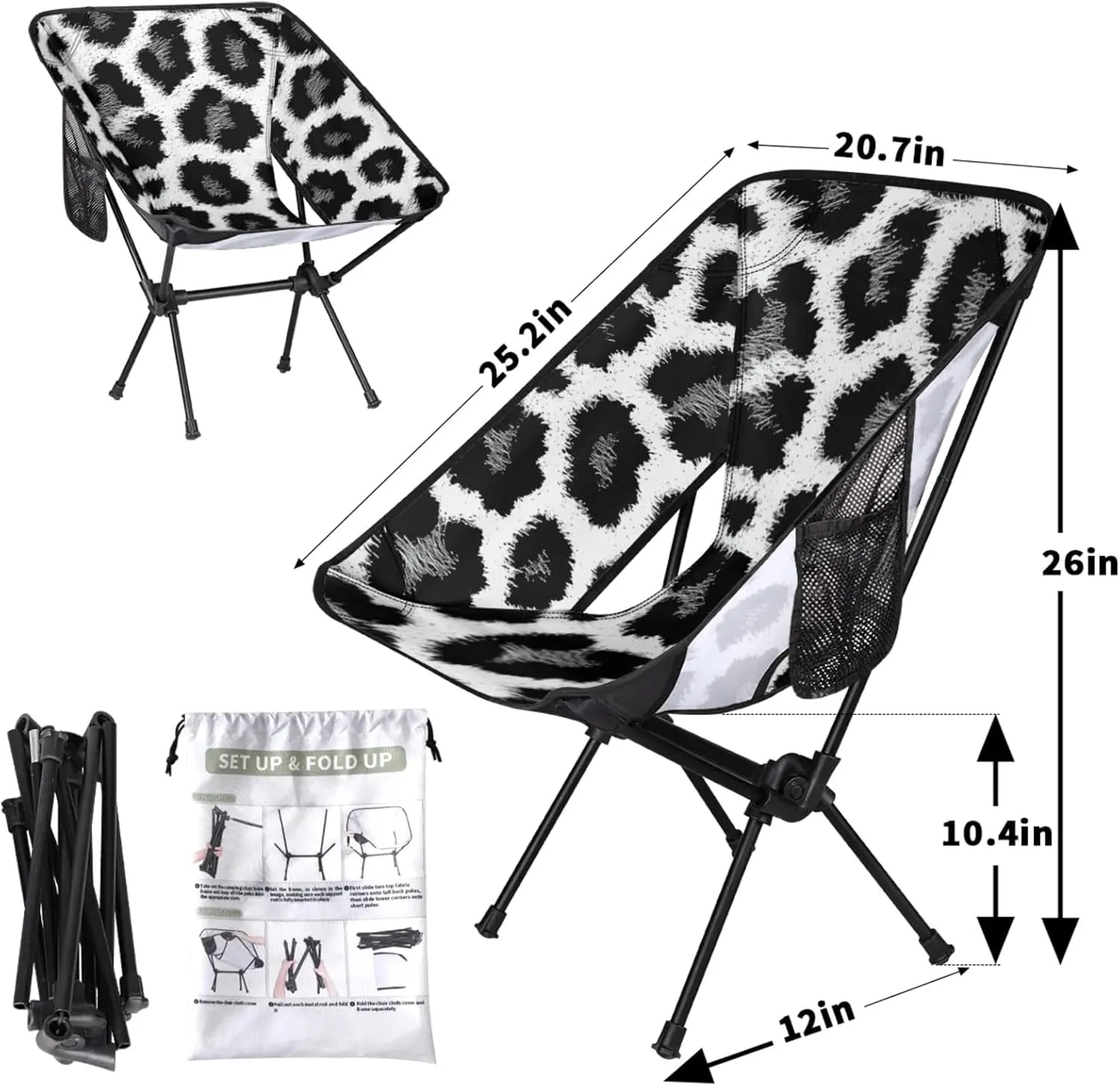 Honeybaby Folding Camping Chair Animal Leopards Print Camping Chairs Lightweight Portable Chair Outdoor Foldable Chairs for Camping Travel Picnic Beach Hiking