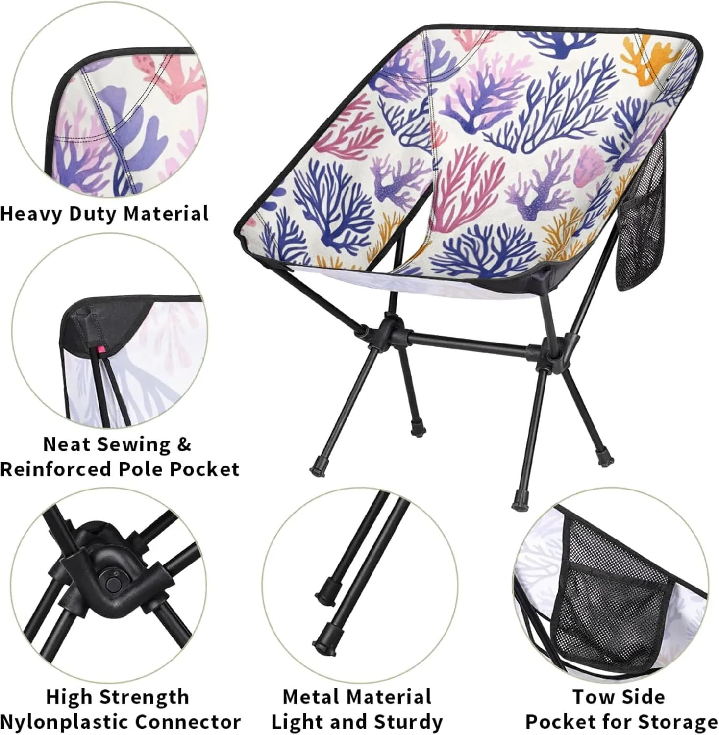 Honeybaby Folding Camping Chair Cute Coral Camping Chairs Lightweight Portable Chair Outdoor Foldable Chairs for Camping Travel Picnic Beach Hiking