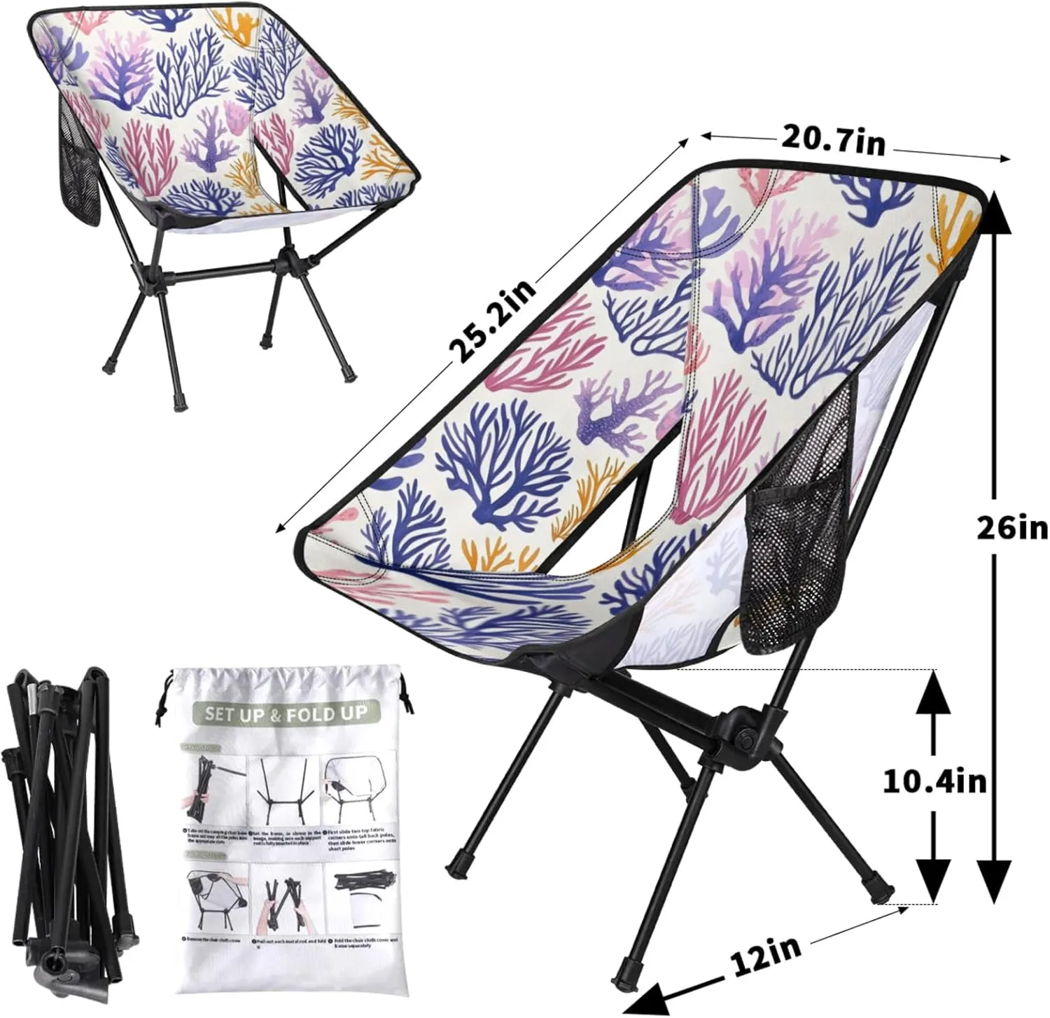 Honeybaby Folding Camping Chair Cute Coral Camping Chairs Lightweight Portable Chair Outdoor Foldable Chairs for Camping Travel Picnic Beach Hiking