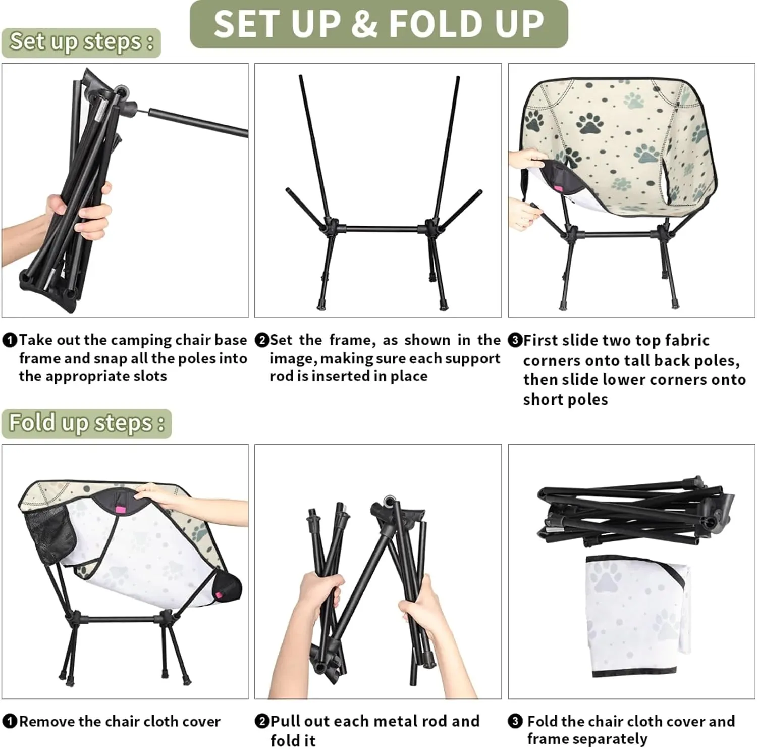 Honeybaby Folding Camping Chair Cute Dogs Paw Prints Camping Chairs Lightweight Portable Chair Outdoor Foldable Chairs for Camping Travel Picnic Beach Hiking