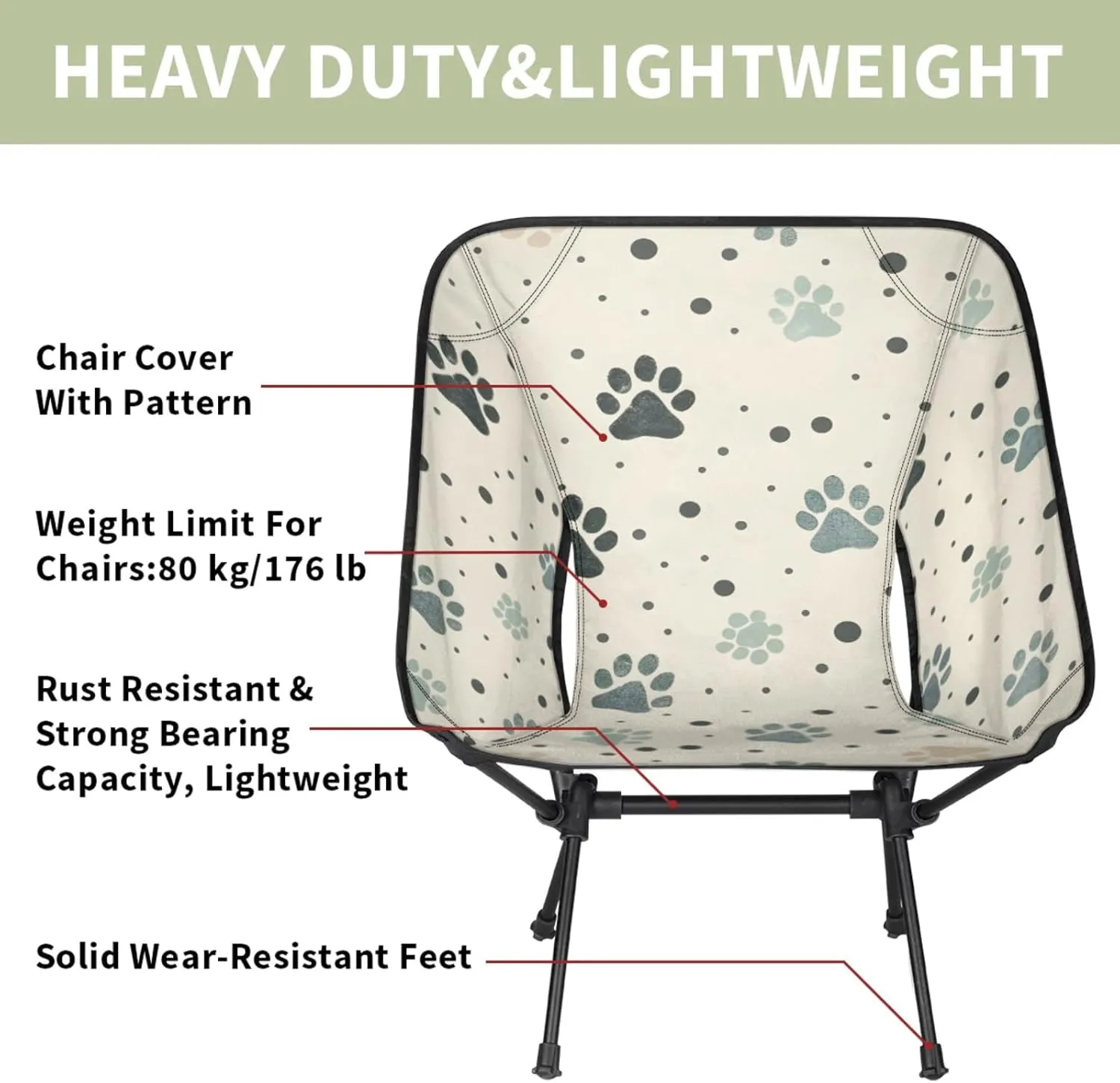 Honeybaby Folding Camping Chair Cute Dogs Paw Prints Camping Chairs Lightweight Portable Chair Outdoor Foldable Chairs for Camping Travel Picnic Beach Hiking