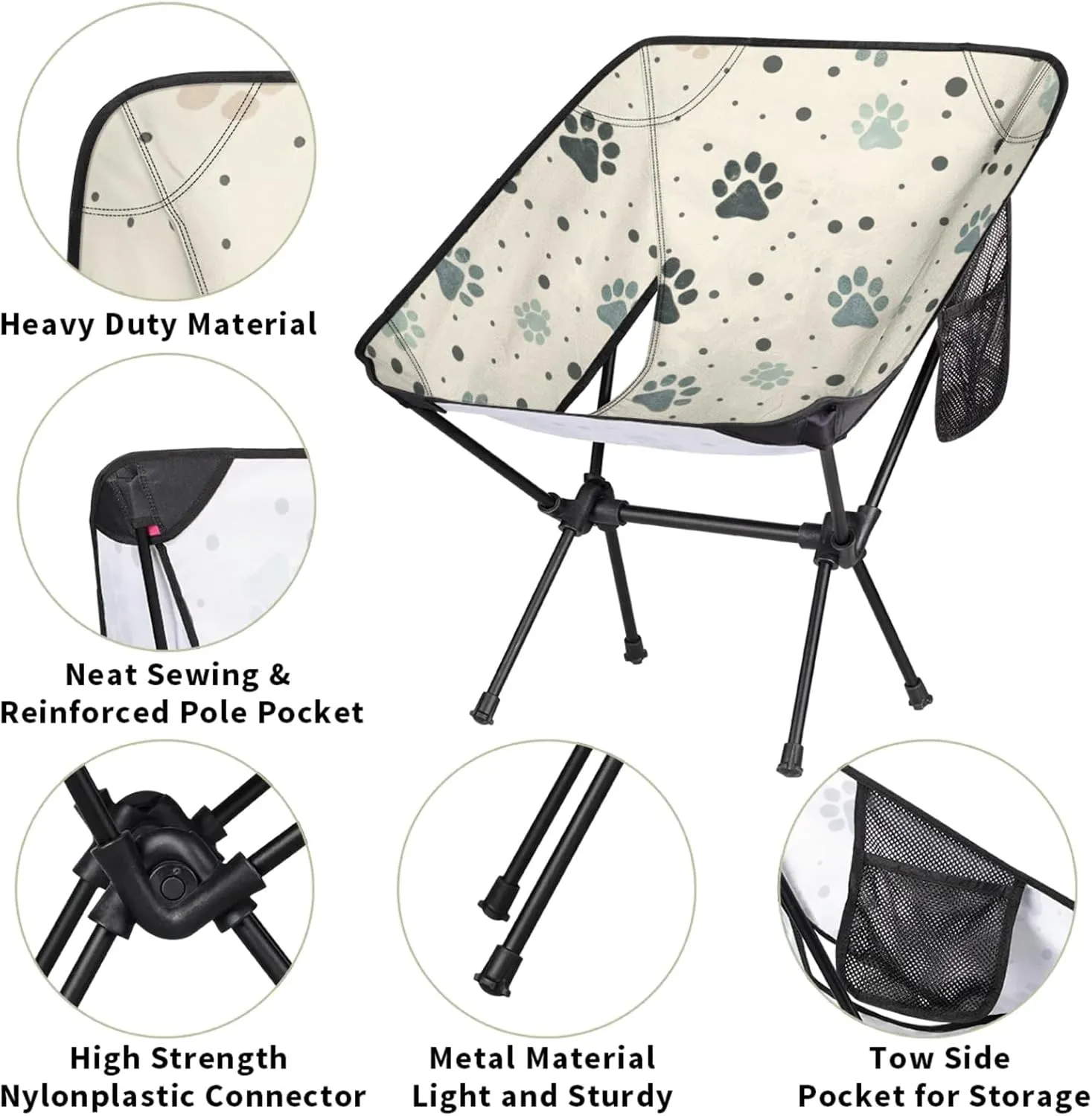 Honeybaby Folding Camping Chair Cute Dogs Paw Prints Camping Chairs Lightweight Portable Chair Outdoor Foldable Chairs for Camping Travel Picnic Beach Hiking