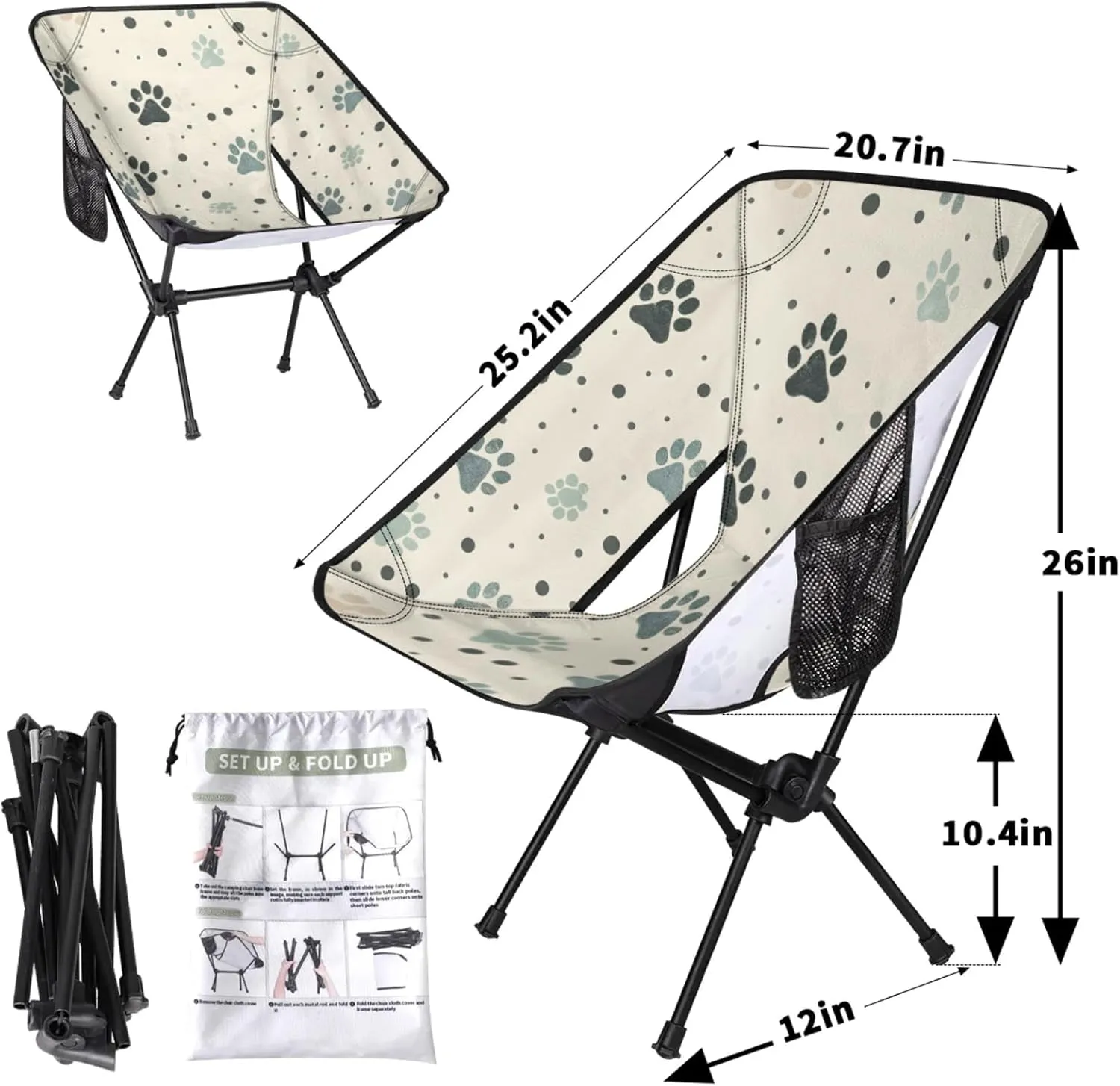 Honeybaby Folding Camping Chair Cute Dogs Paw Prints Camping Chairs Lightweight Portable Chair Outdoor Foldable Chairs for Camping Travel Picnic Beach Hiking