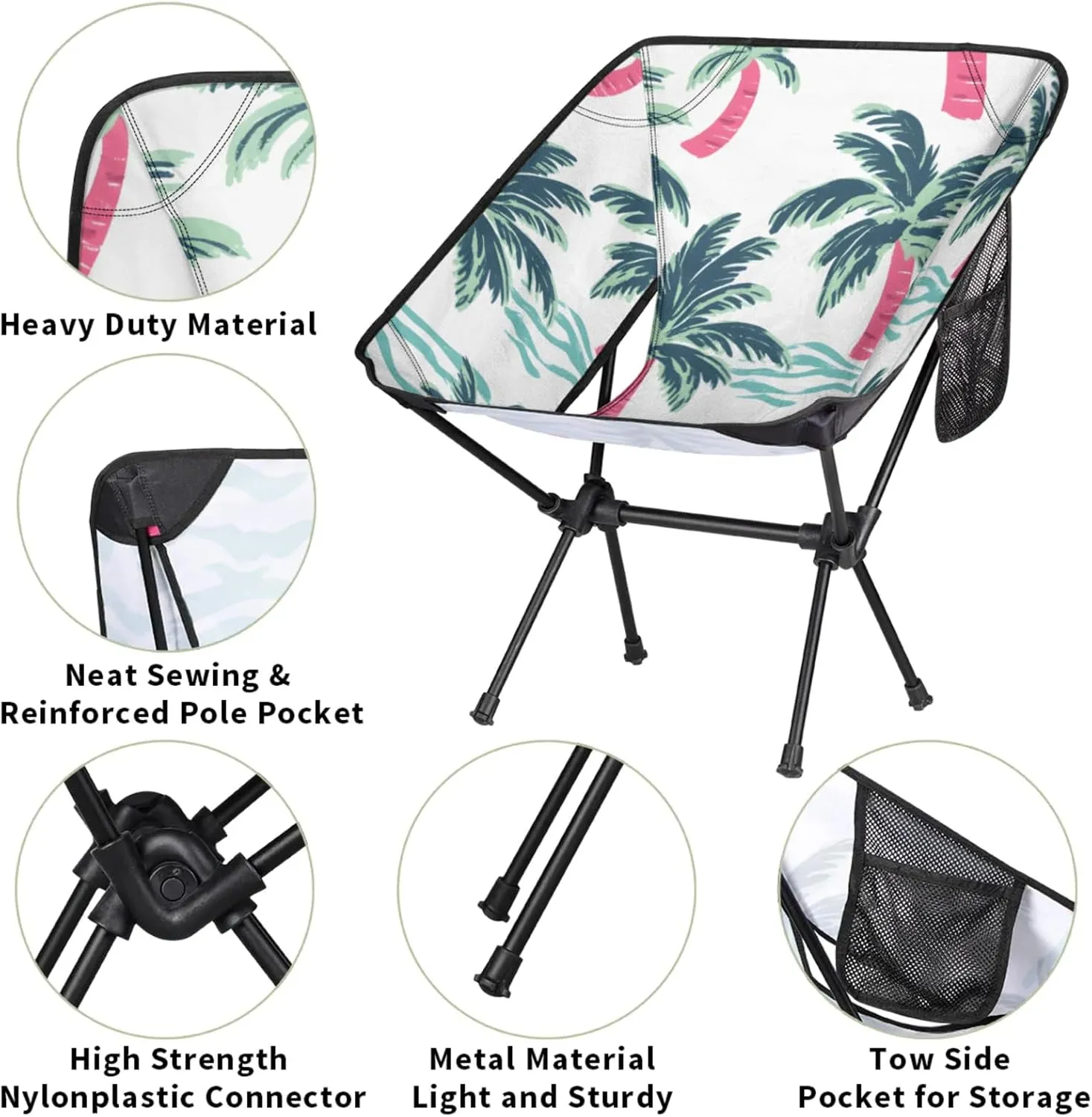 Honeybaby Folding Camping Chair Cute Palm Trees Camping Chairs Lightweight Portable Chair Outdoor Foldable Chairs for Camping Travel Picnic Beach Hiking