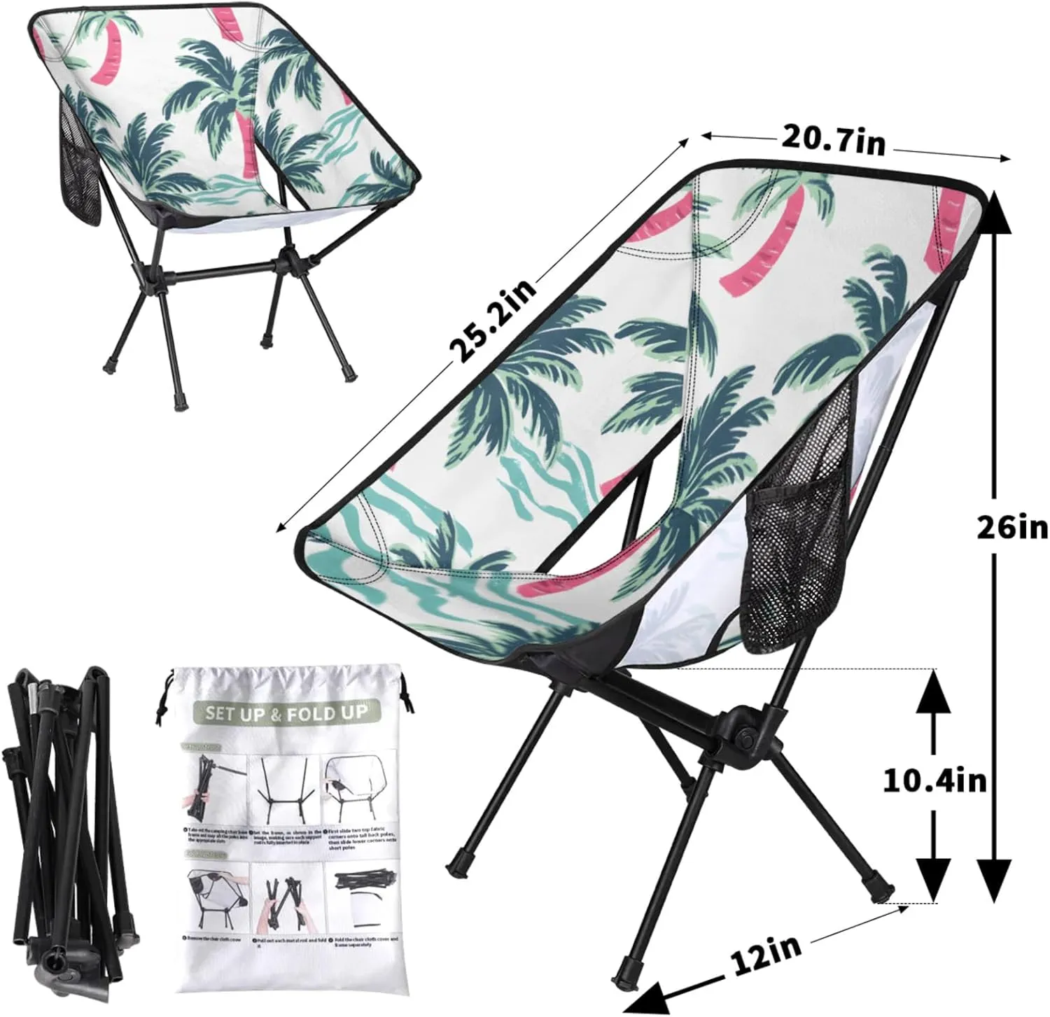 Honeybaby Folding Camping Chair Cute Palm Trees Camping Chairs Lightweight Portable Chair Outdoor Foldable Chairs for Camping Travel Picnic Beach Hiking