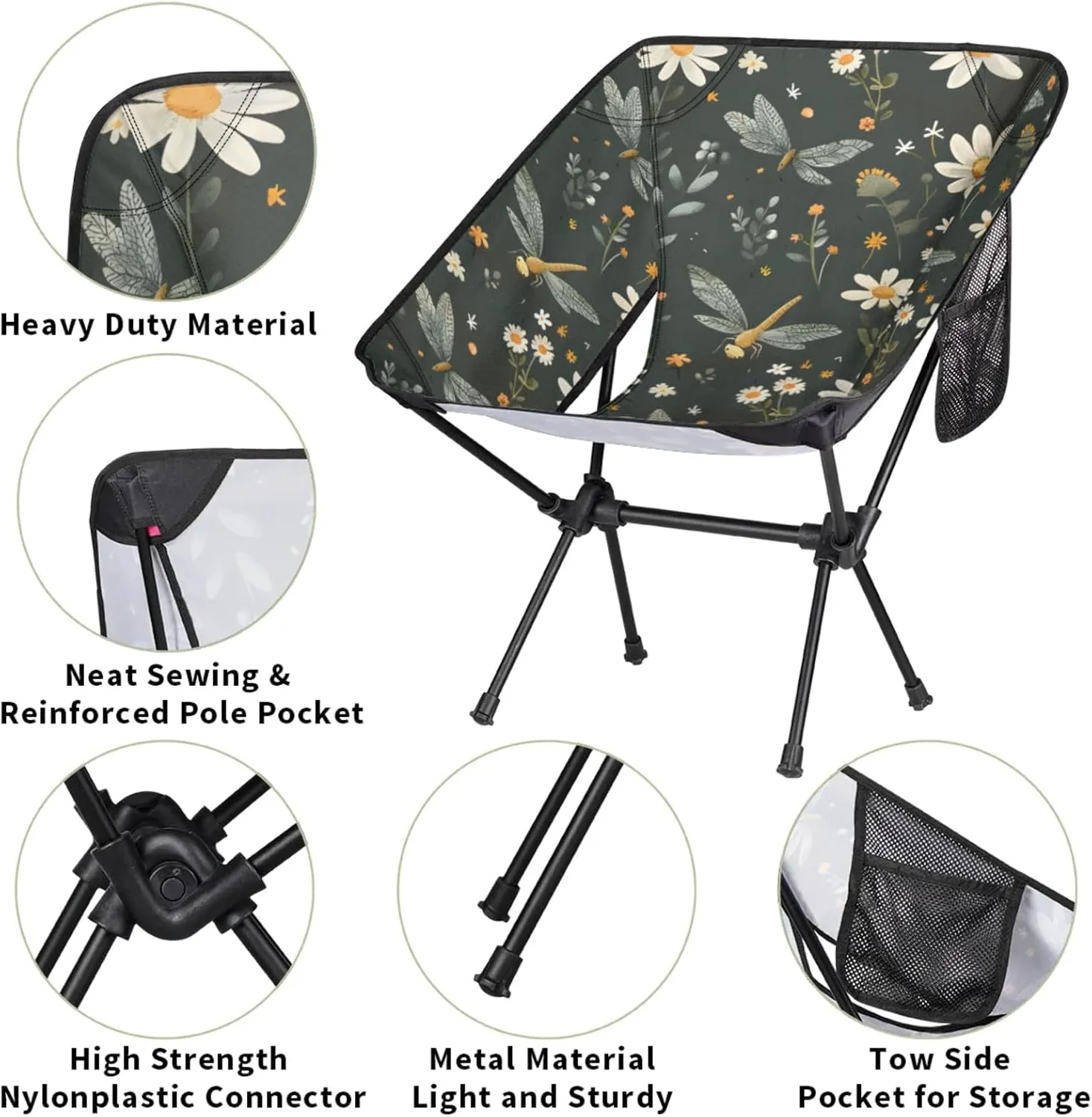 Honeybaby Folding Camping Chair Dragonfly Daisy Camping Chairs Lightweight Portable Chair Outdoor Foldable Chairs for Camping Travel Picnic Beach Hiking