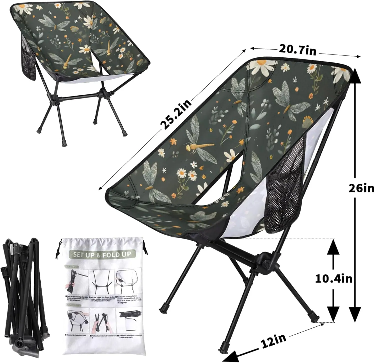 Honeybaby Folding Camping Chair Dragonfly Daisy Camping Chairs Lightweight Portable Chair Outdoor Foldable Chairs for Camping Travel Picnic Beach Hiking