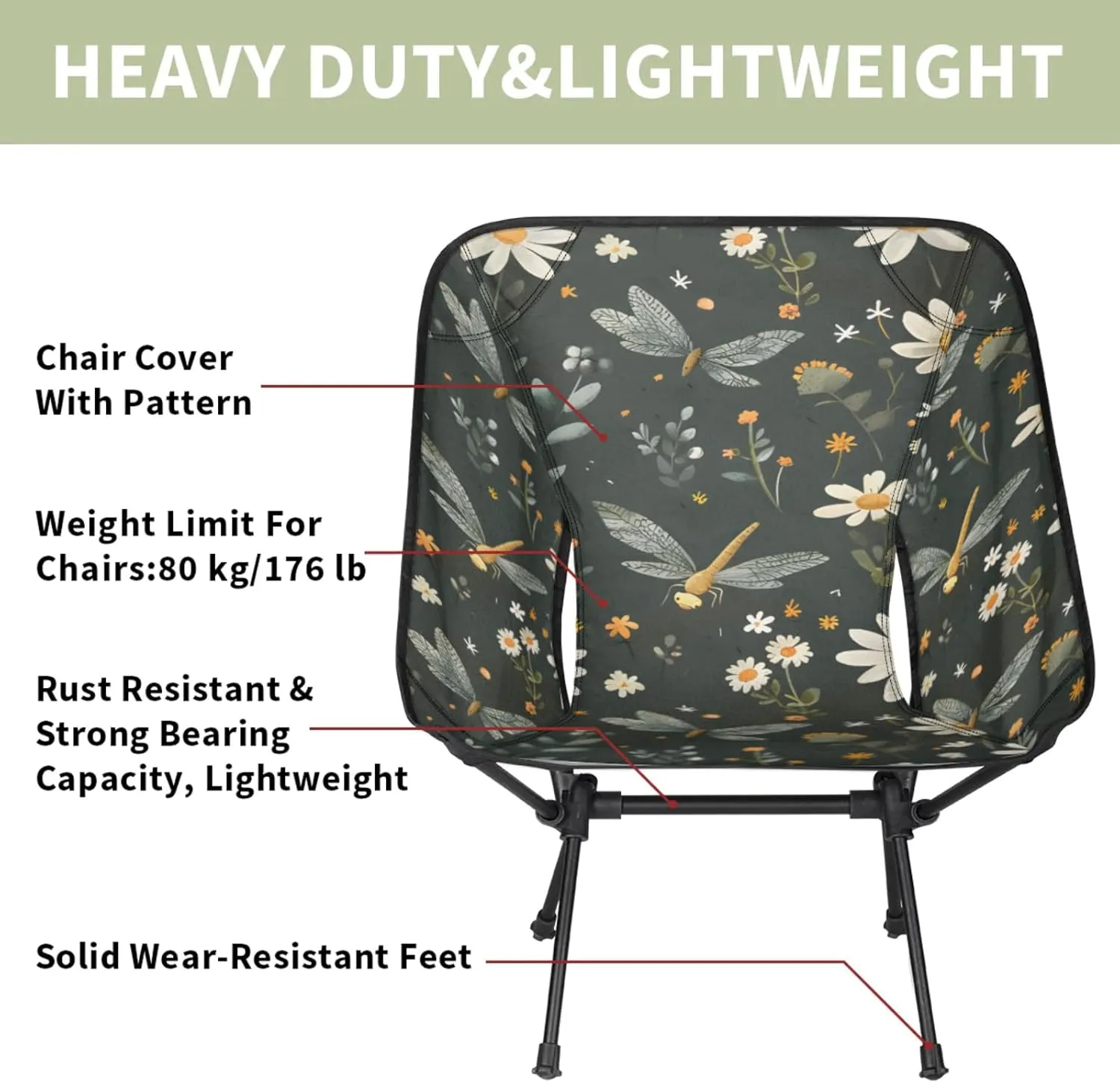 Honeybaby Folding Camping Chair Dragonfly Daisy Camping Chairs Lightweight Portable Chair Outdoor Foldable Chairs for Camping Travel Picnic Beach Hiking