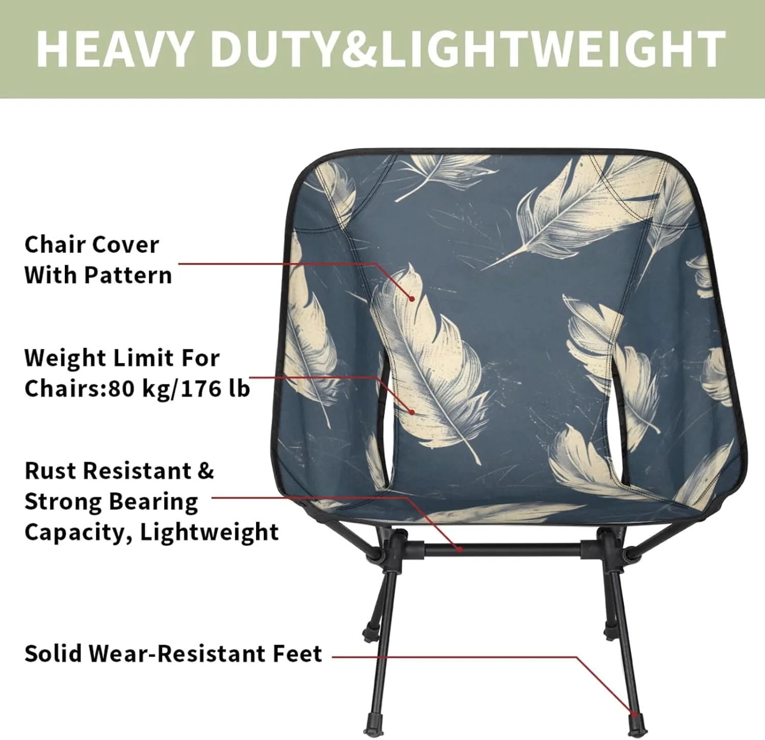 Honeybaby Folding Camping Chair Feather Themed Camping Chairs Lightweight Portable Chair Outdoor Foldable Chairs for Camping Travel Picnic Beach Hiking