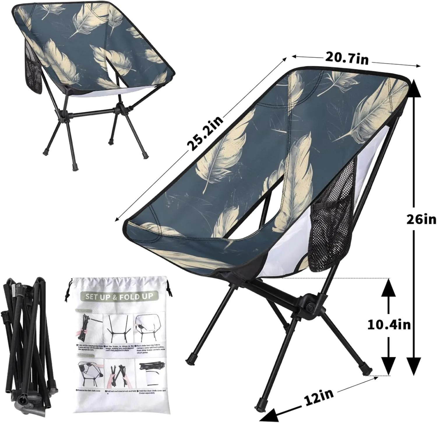 Honeybaby Folding Camping Chair Feather Themed Camping Chairs Lightweight Portable Chair Outdoor Foldable Chairs for Camping Travel Picnic Beach Hiking