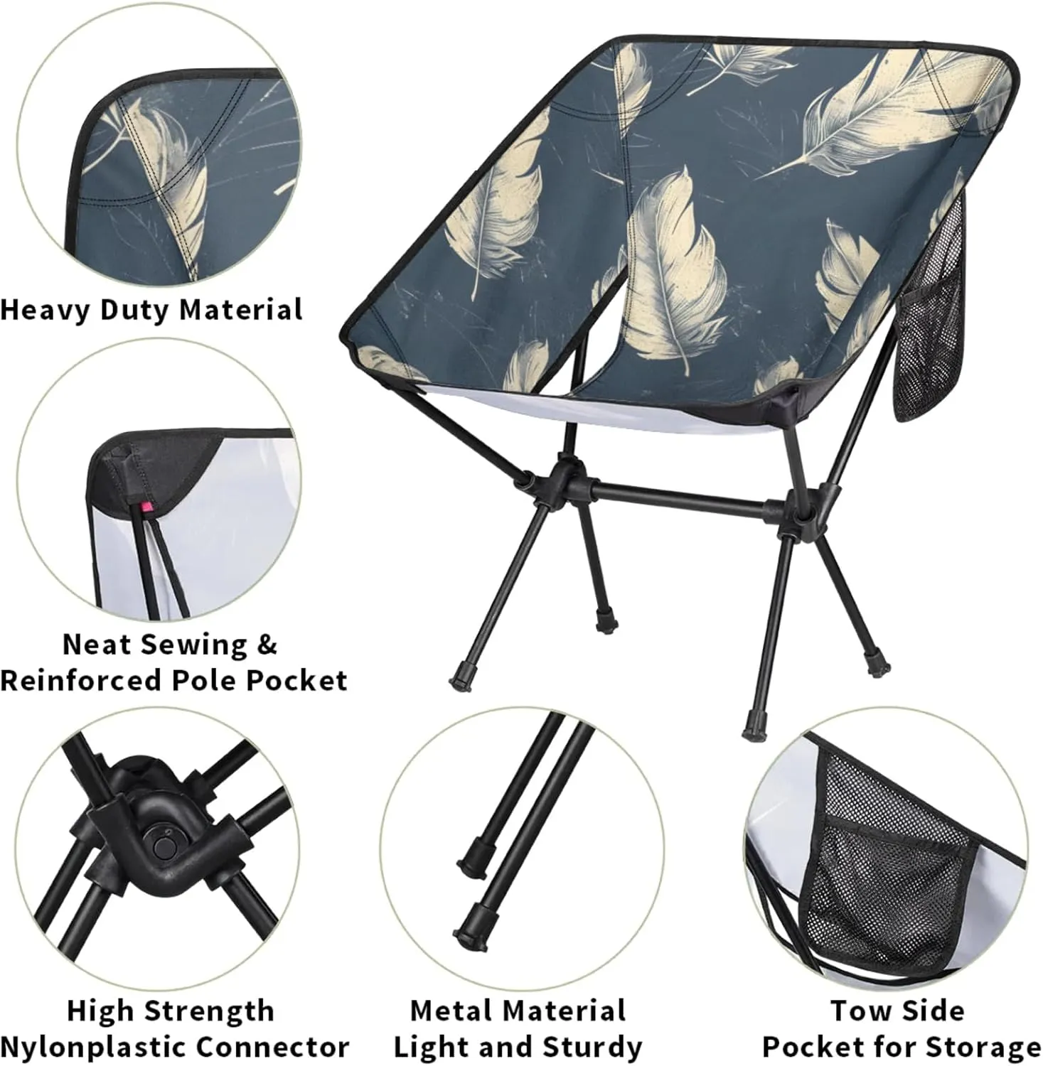 Honeybaby Folding Camping Chair Feather Themed Camping Chairs Lightweight Portable Chair Outdoor Foldable Chairs for Camping Travel Picnic Beach Hiking