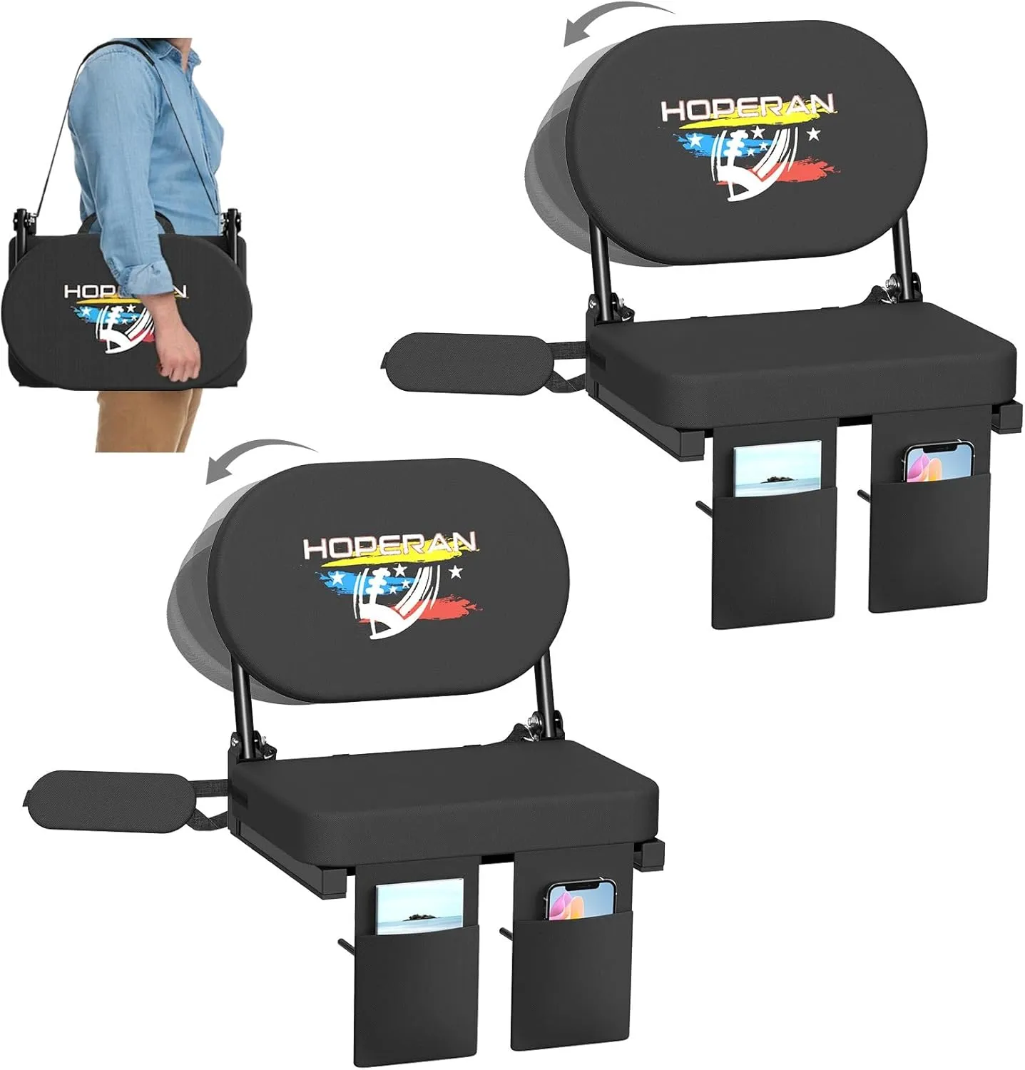 HOPERAN Stadium Seats with Back Support – 270° Foldable Rotating Padded Bleacher Chair, Non-Slip Hooks, Lightweight Portable with Shoulder Strap, Perfect for Bleachers