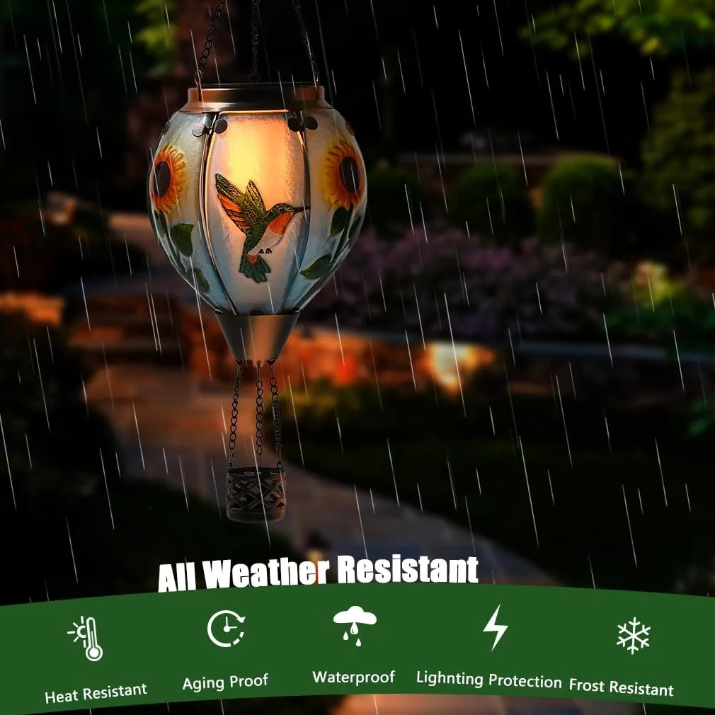Hot Air Balloon Solar Lantern - Simulated Flickering Flame Hummingbird Glass Lantern, Outdoor Hanging Sunflower Yard Light Waterproof IP65 & Weather Resistant for Garden Patio Lawn Porch Decor Gfit