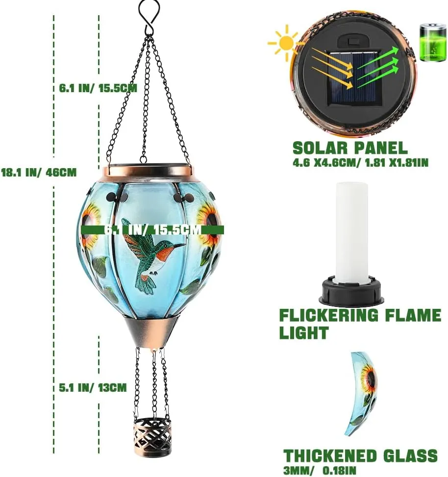 Hot Air Balloon Solar Lantern - Simulated Flickering Flame Hummingbird Glass Lantern, Outdoor Hanging Sunflower Yard Light Waterproof IP65 & Weather Resistant for Garden Patio Lawn Porch Decor Gfit