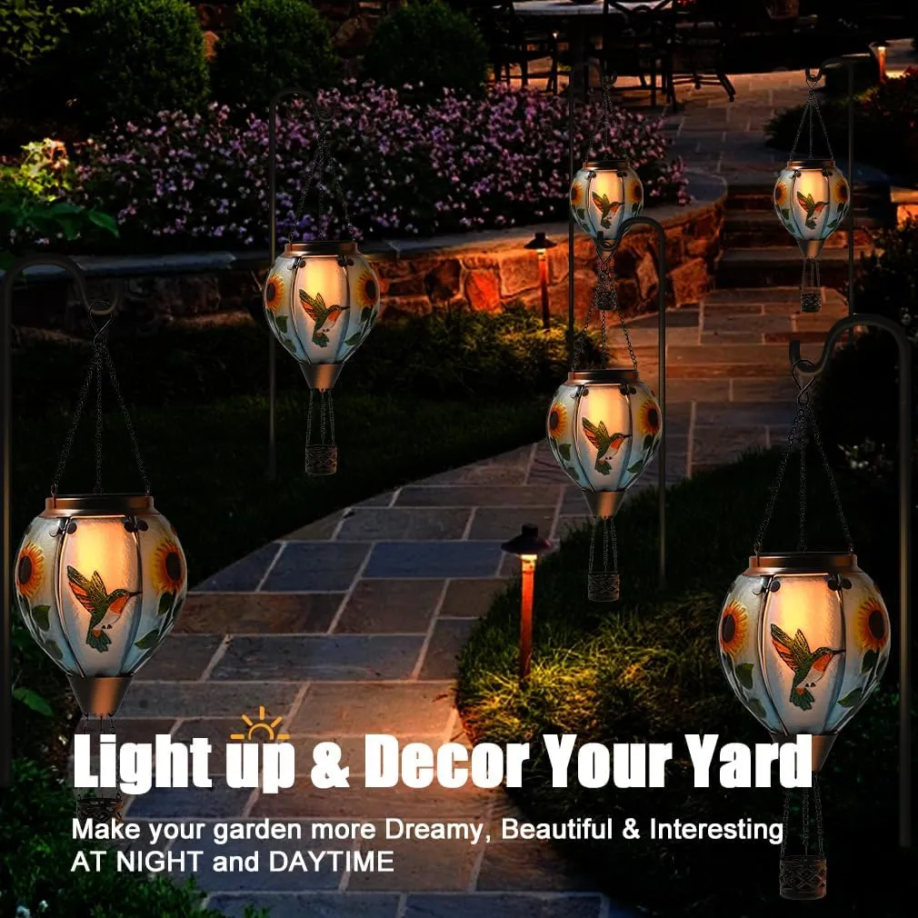 Hot Air Balloon Solar Lantern - Simulated Flickering Flame Hummingbird Glass Lantern, Outdoor Hanging Sunflower Yard Light Waterproof IP65 & Weather Resistant for Garden Patio Lawn Porch Decor Gfit