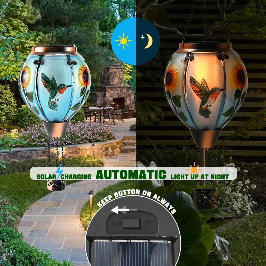 Hot Air Balloon Solar Lantern - Simulated Flickering Flame Hummingbird Glass Lantern, Outdoor Hanging Sunflower Yard Light Waterproof IP65 & Weather Resistant for Garden Patio Lawn Porch Decor Gfit
