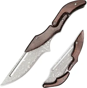 HUAAO Damascus Folding Knife, Yellow Sandalwood Handle with Mechanical Lock, Tactical Pocket Knife for Outdoor Camping Survival Hunting Self Defense Multitool
