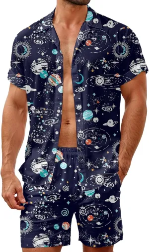 HUGLAZY Mens 2 Piece Outfit Summer Shirts Short Sleeve Hawaiian Shirt And Shorts Beach Outfits Party Disco
