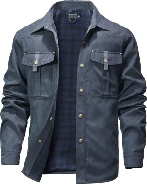 HYPESTFIT Men's Flannel Lined Shacket Jacket Plaid Brushed Lining Cowboy Western Twill Outdoor Shirt Jacket
