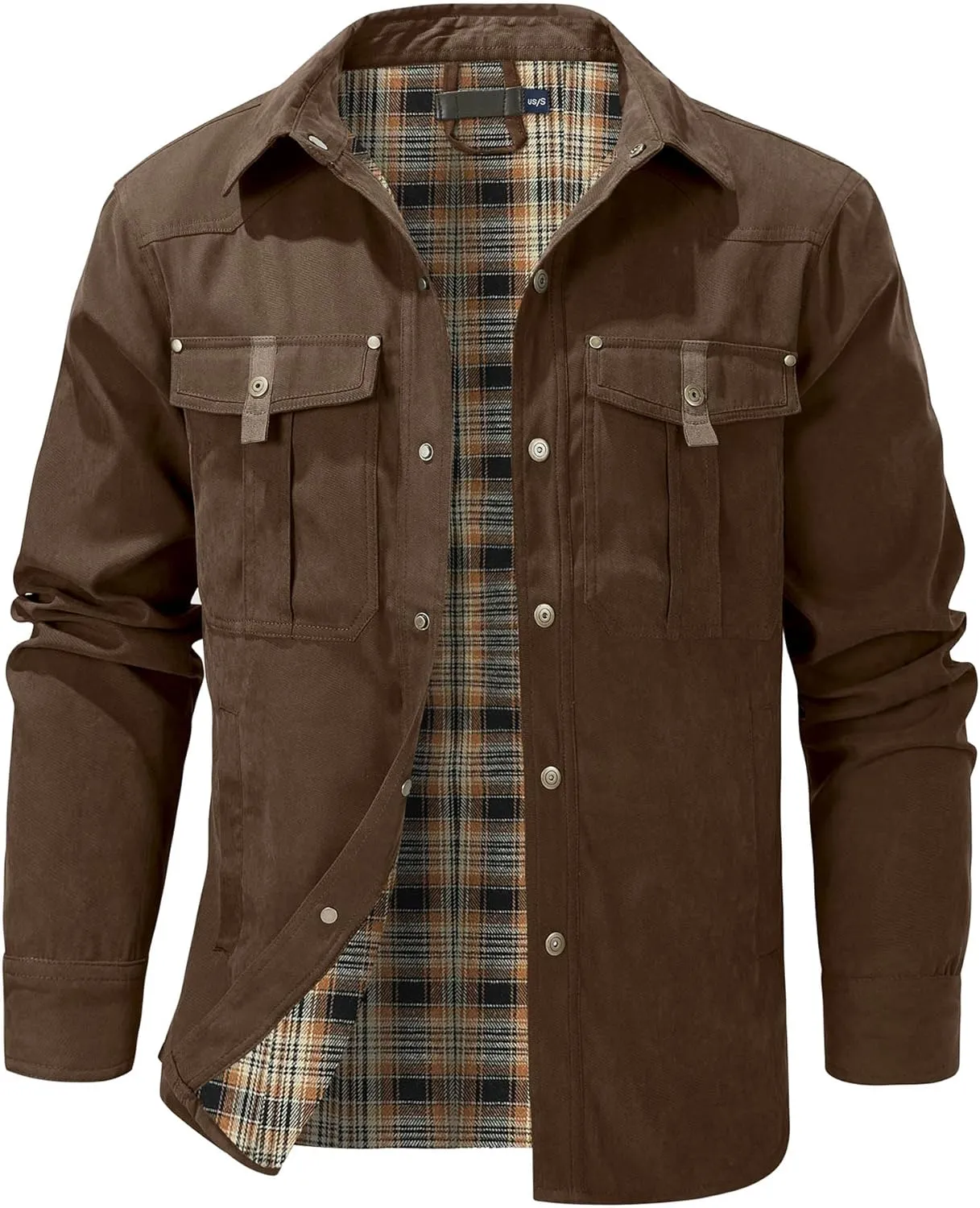 HYPESTFIT Men's Flannel Lined Shacket Jacket Plaid Brushed Lining Cowboy Western Twill Outdoor Shirt Jacket