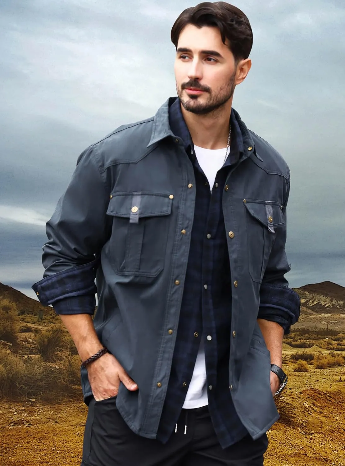 HYPESTFIT Men's Flannel Lined Shacket Jacket Plaid Brushed Lining Cowboy Western Twill Outdoor Shirt Jacket
